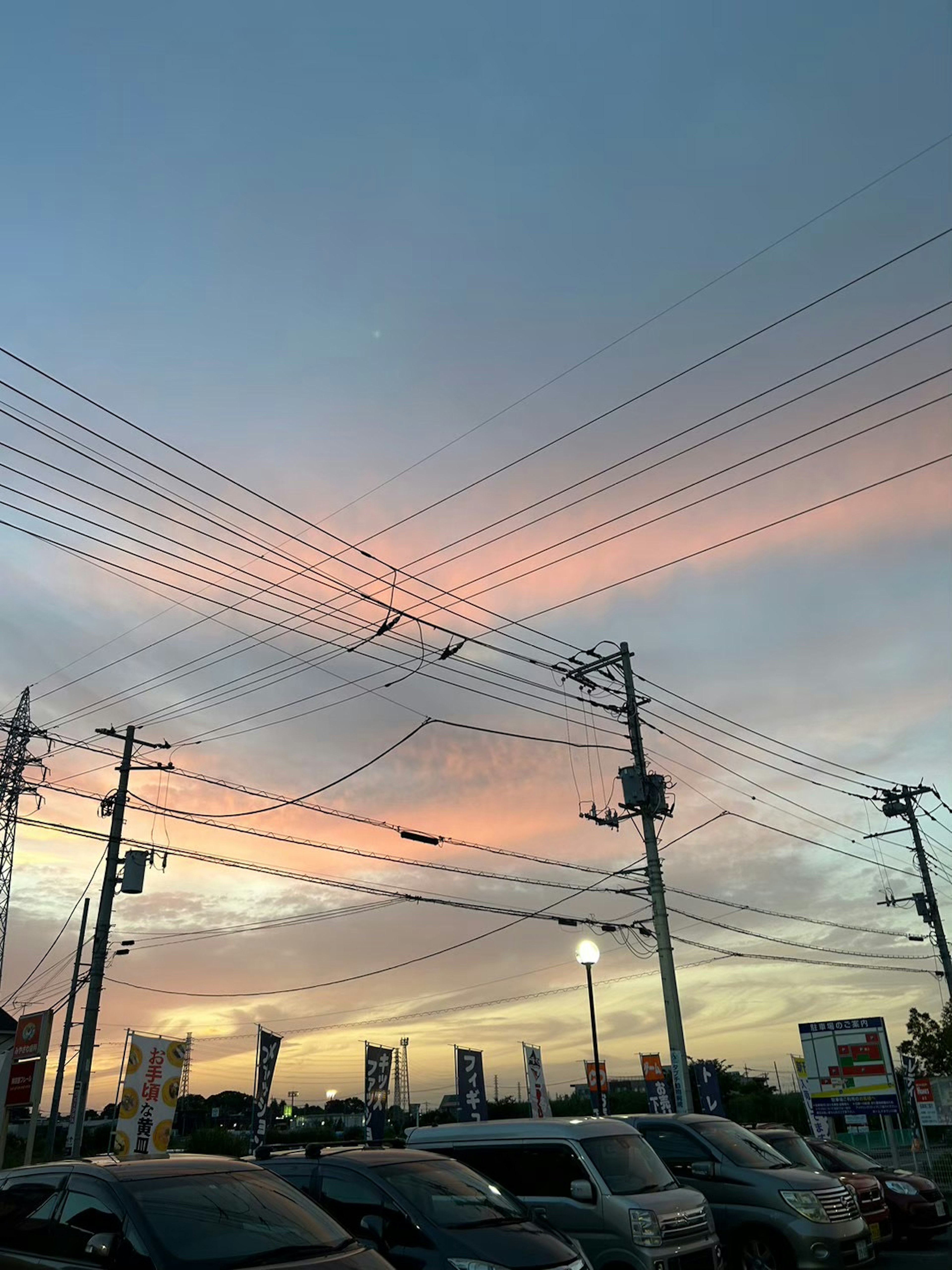 夕焼けの空と電線が交差する風景