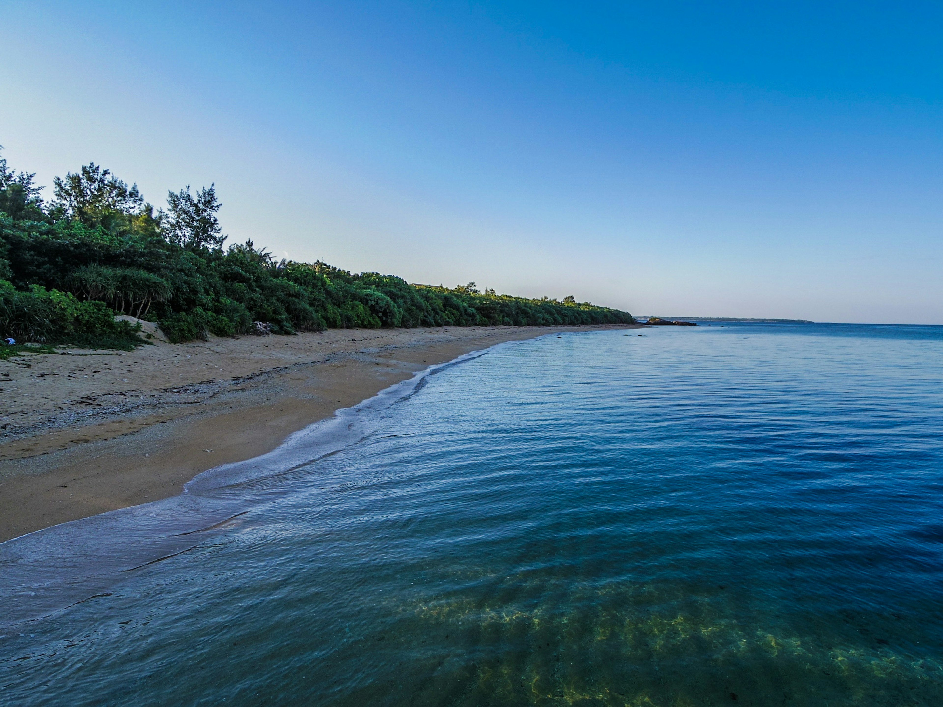 Pemandangan garis pantai yang indah dengan air tenang dan langit biru