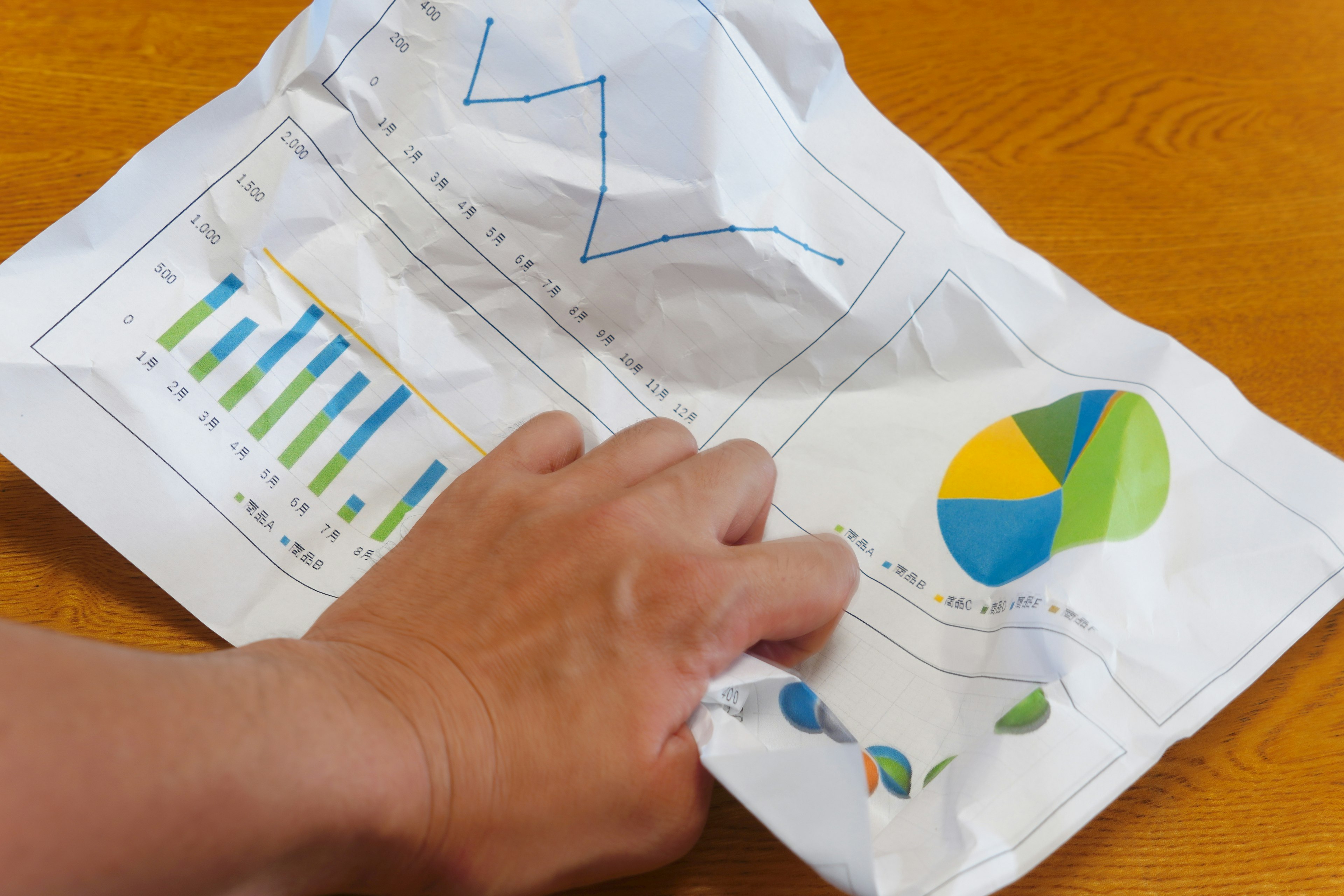 Zerknittertes Papier mit Diagrammen und Charts in einer Hand gehalten