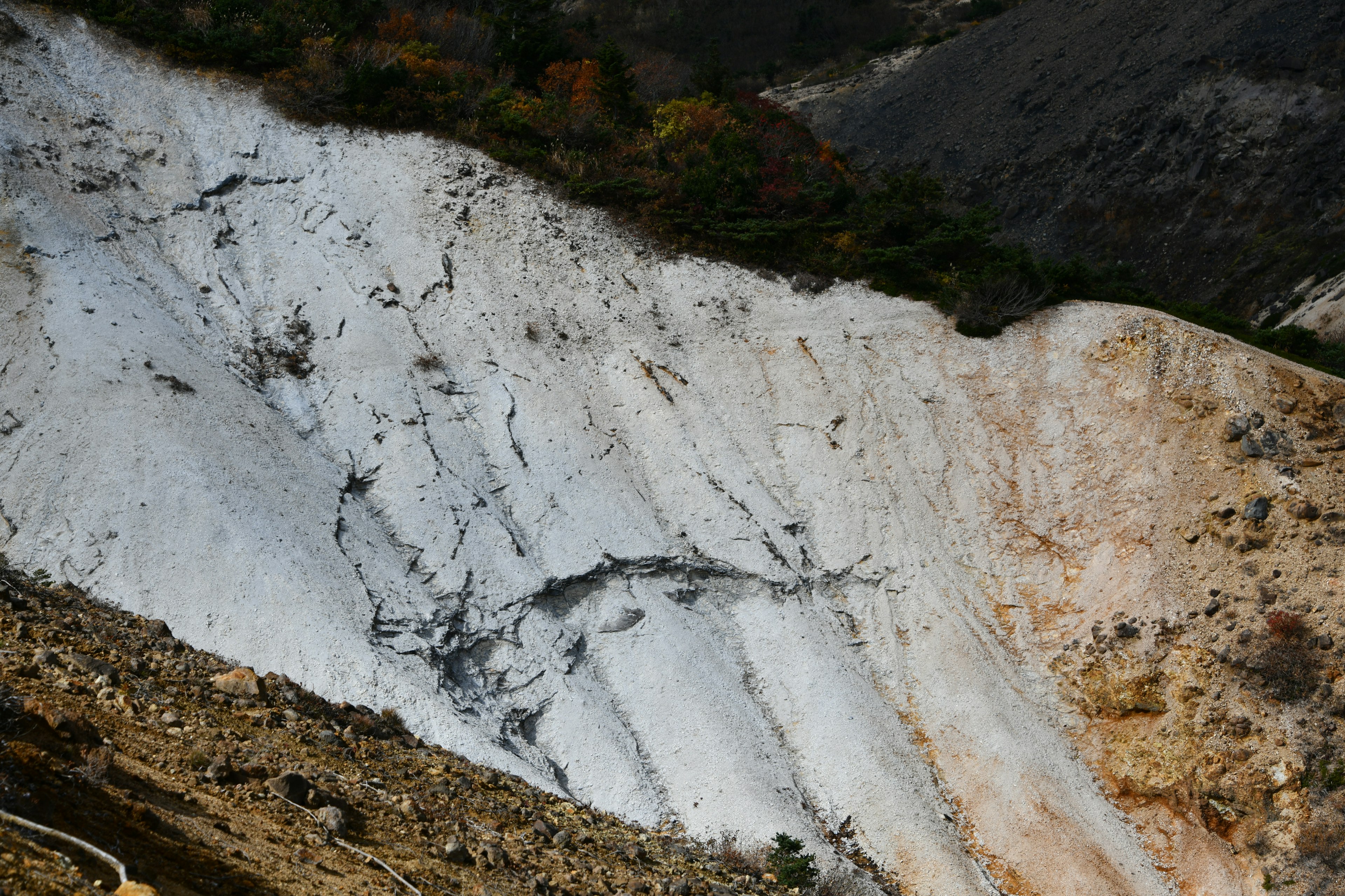 Ladera de montaña con superficie rocosa blanca y fisuras negras