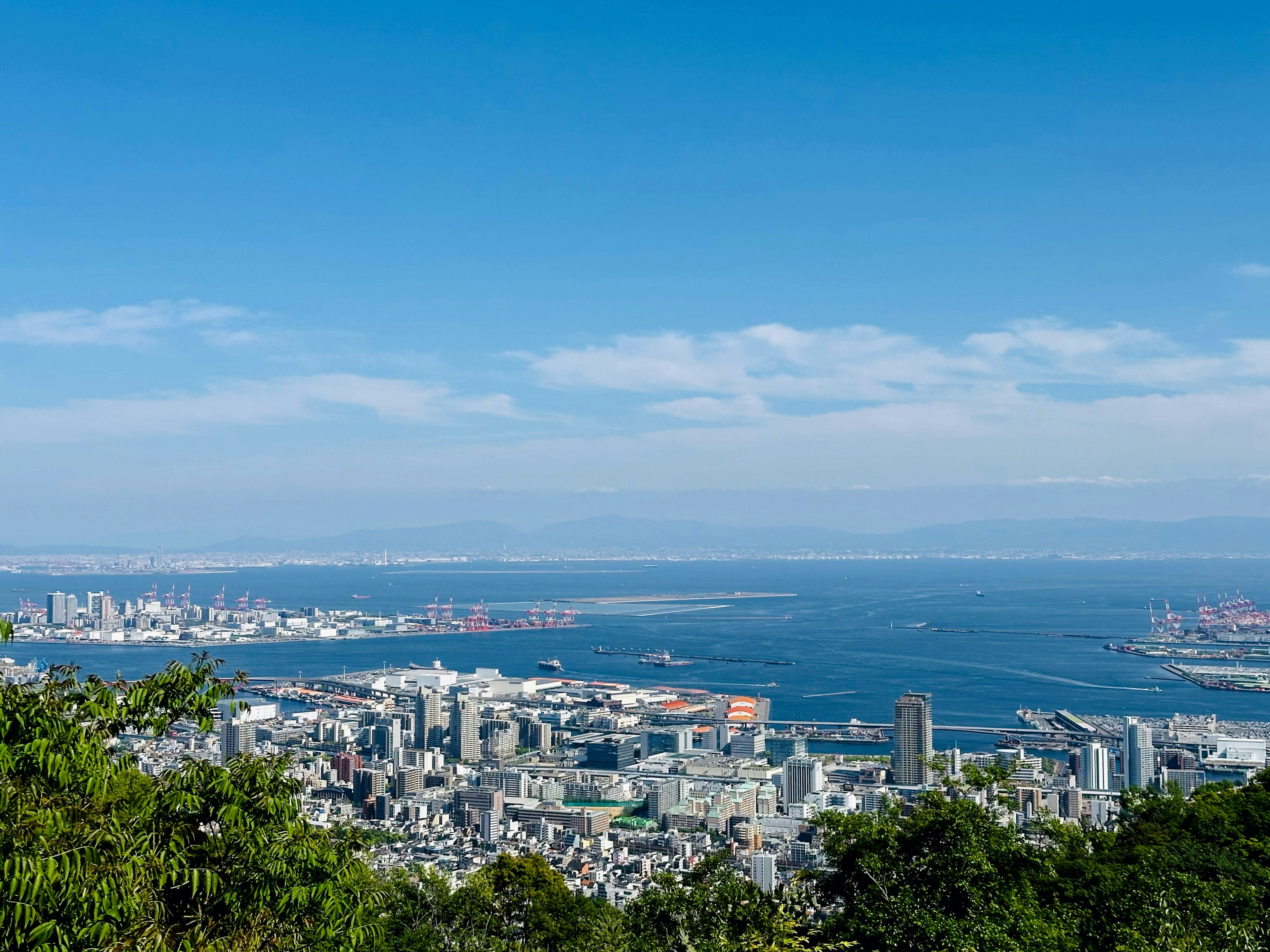 城市全景，藍天和海洋作為背景