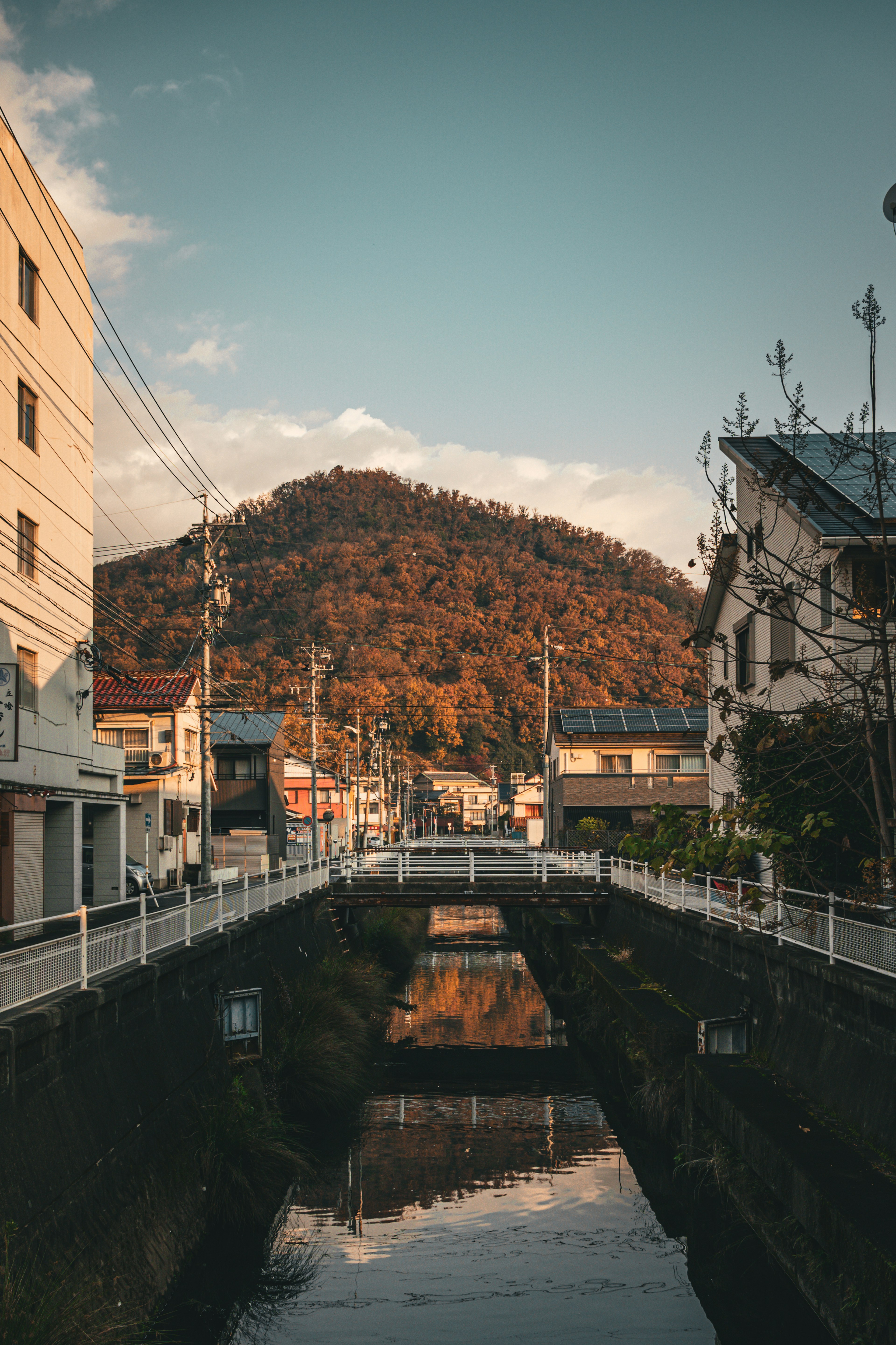 宁静的傍晚城市风景映照在水道上，背景是山