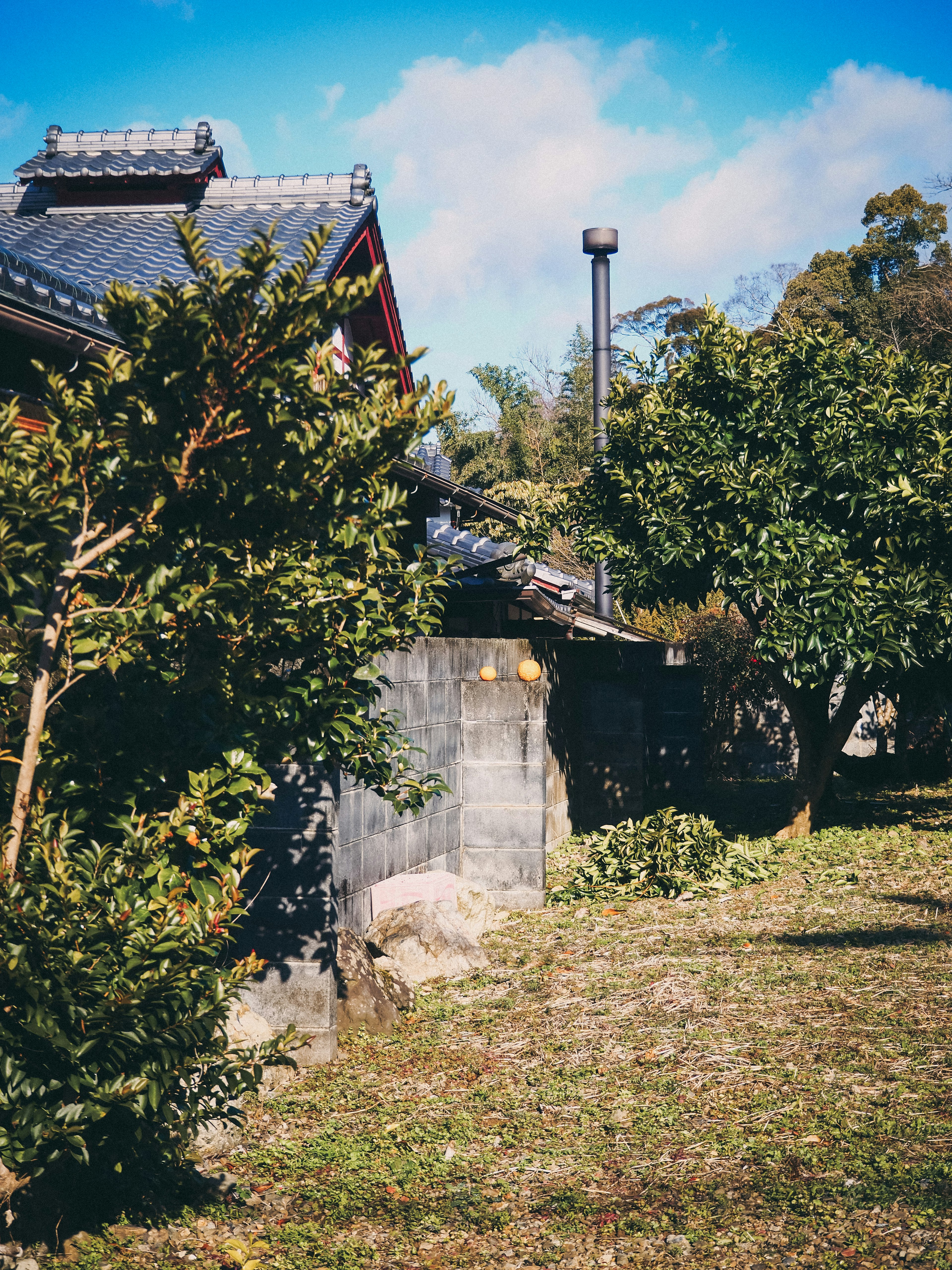 Maison japonaise traditionnelle avec de la verdure et un ciel bleu