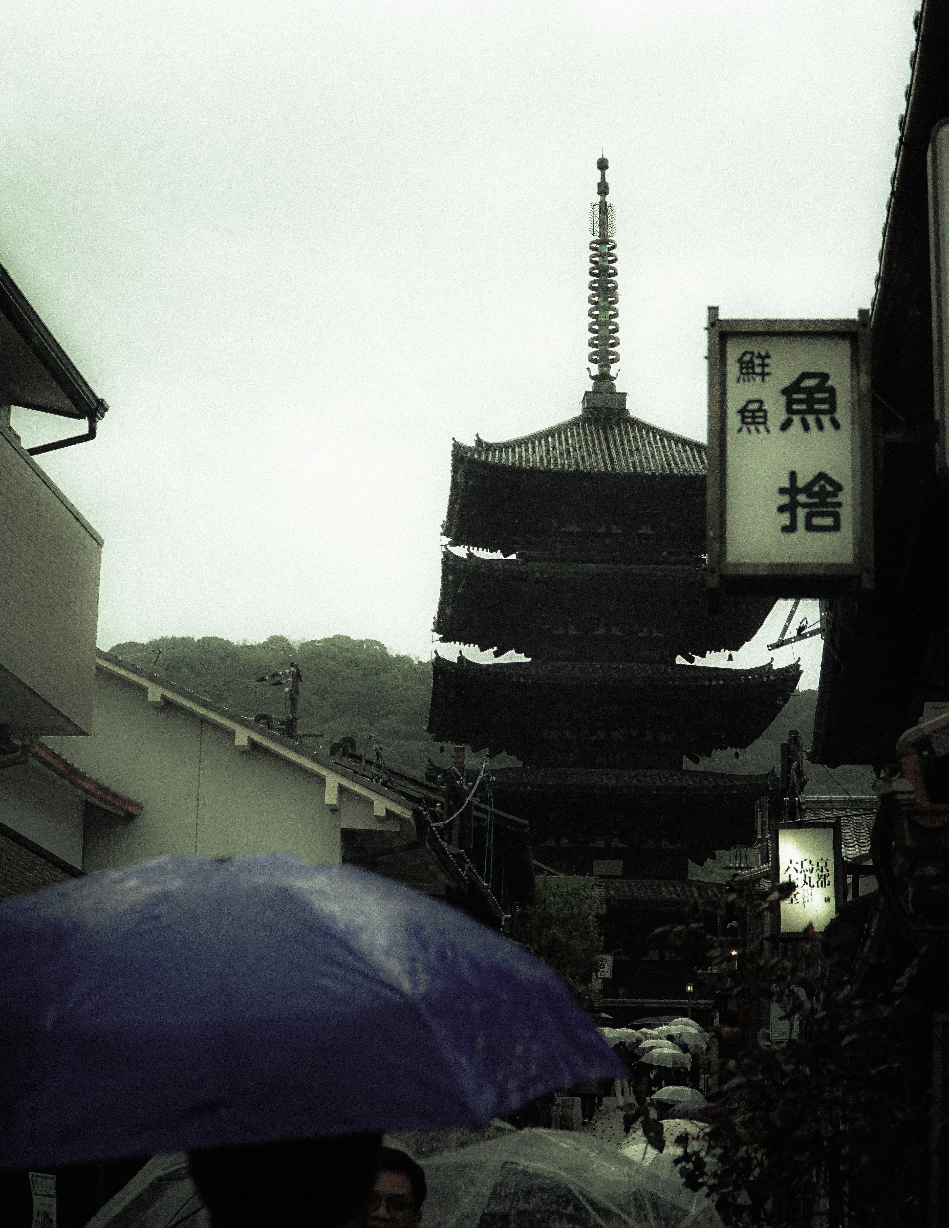 雨中街道上的五層寶塔和撐傘的人們