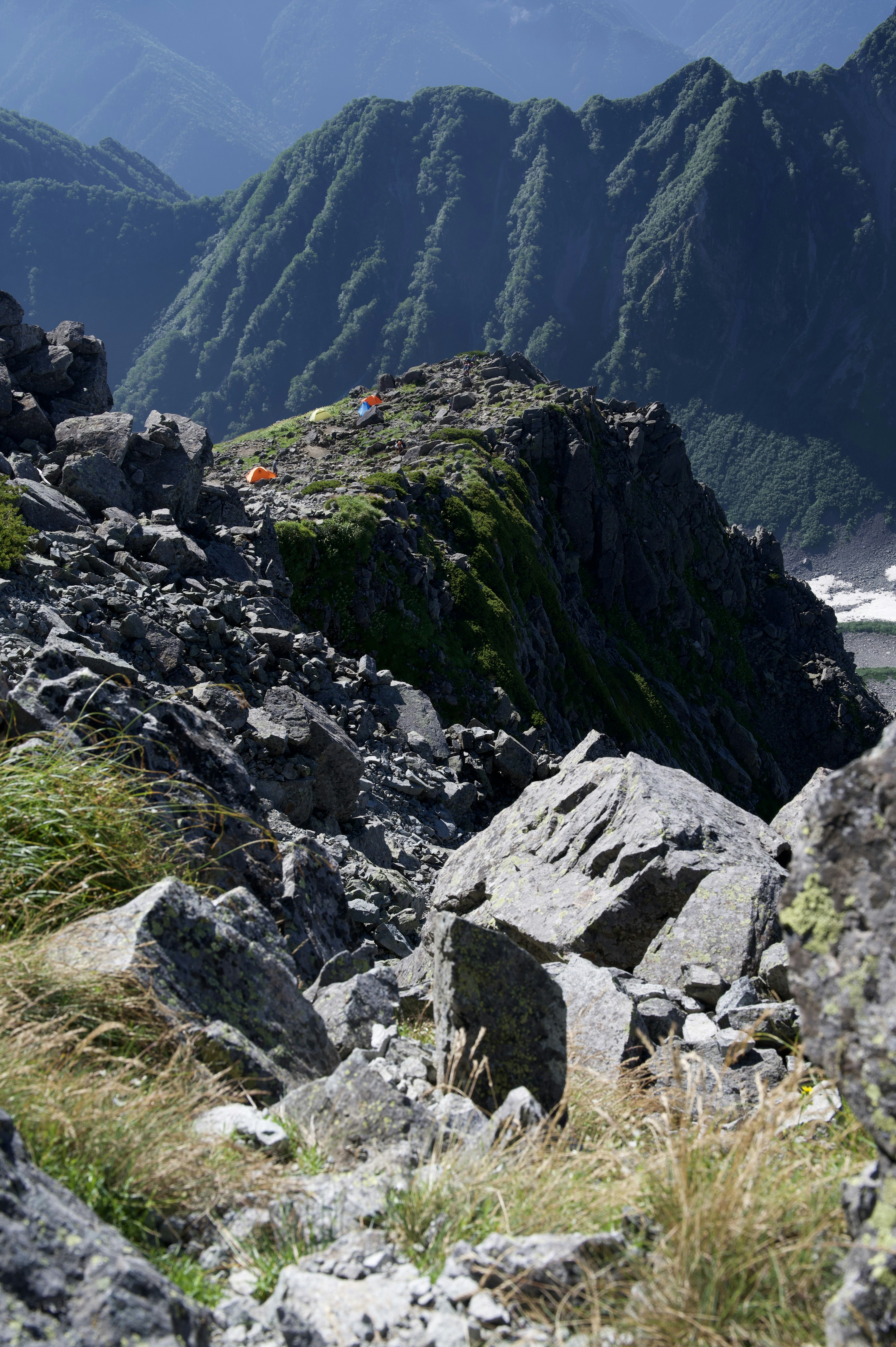 Paesaggio roccioso con erba verde e montagne lontane