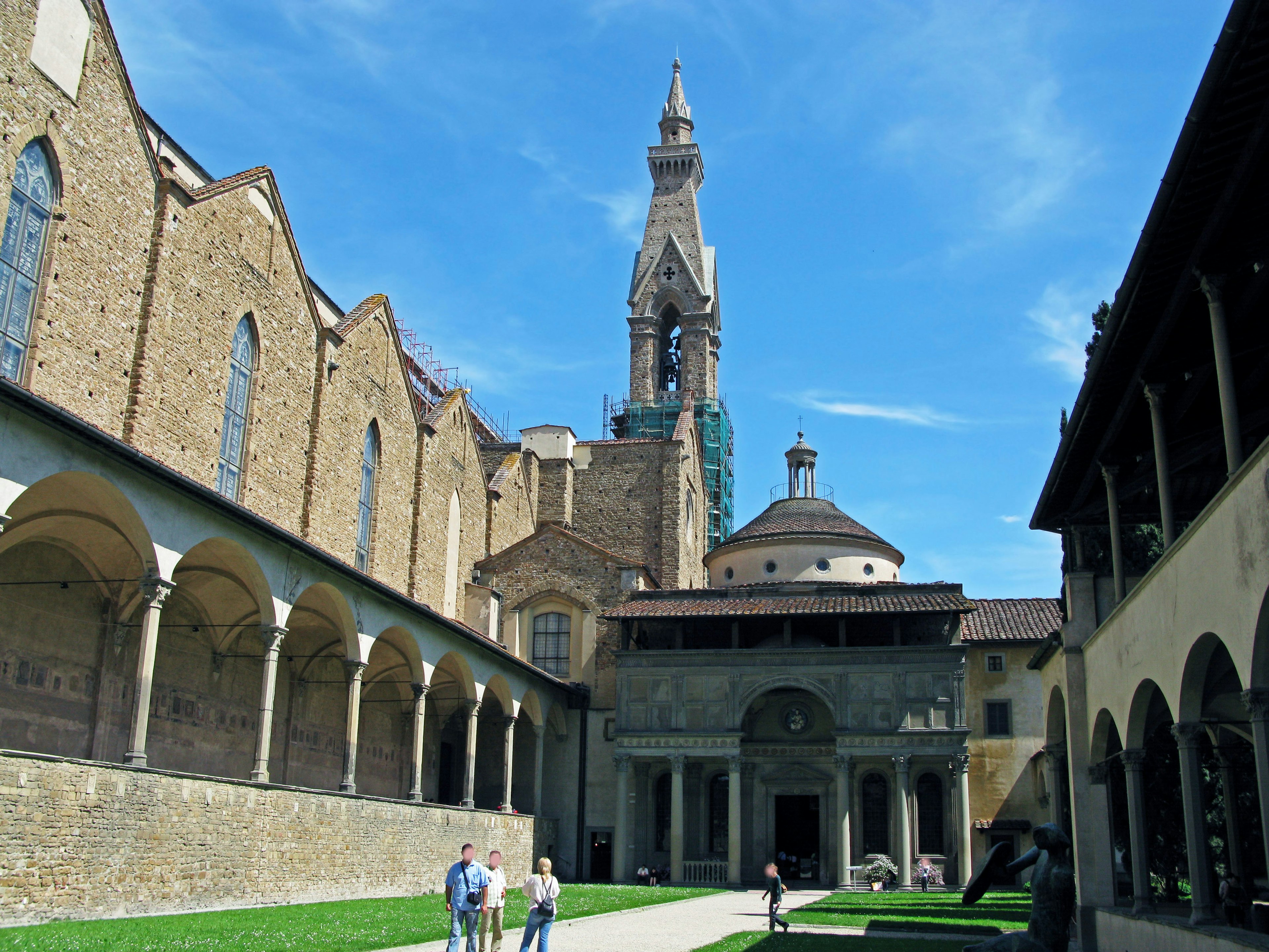 View of the Santa Croce Church courtyard and bell tower in Florence