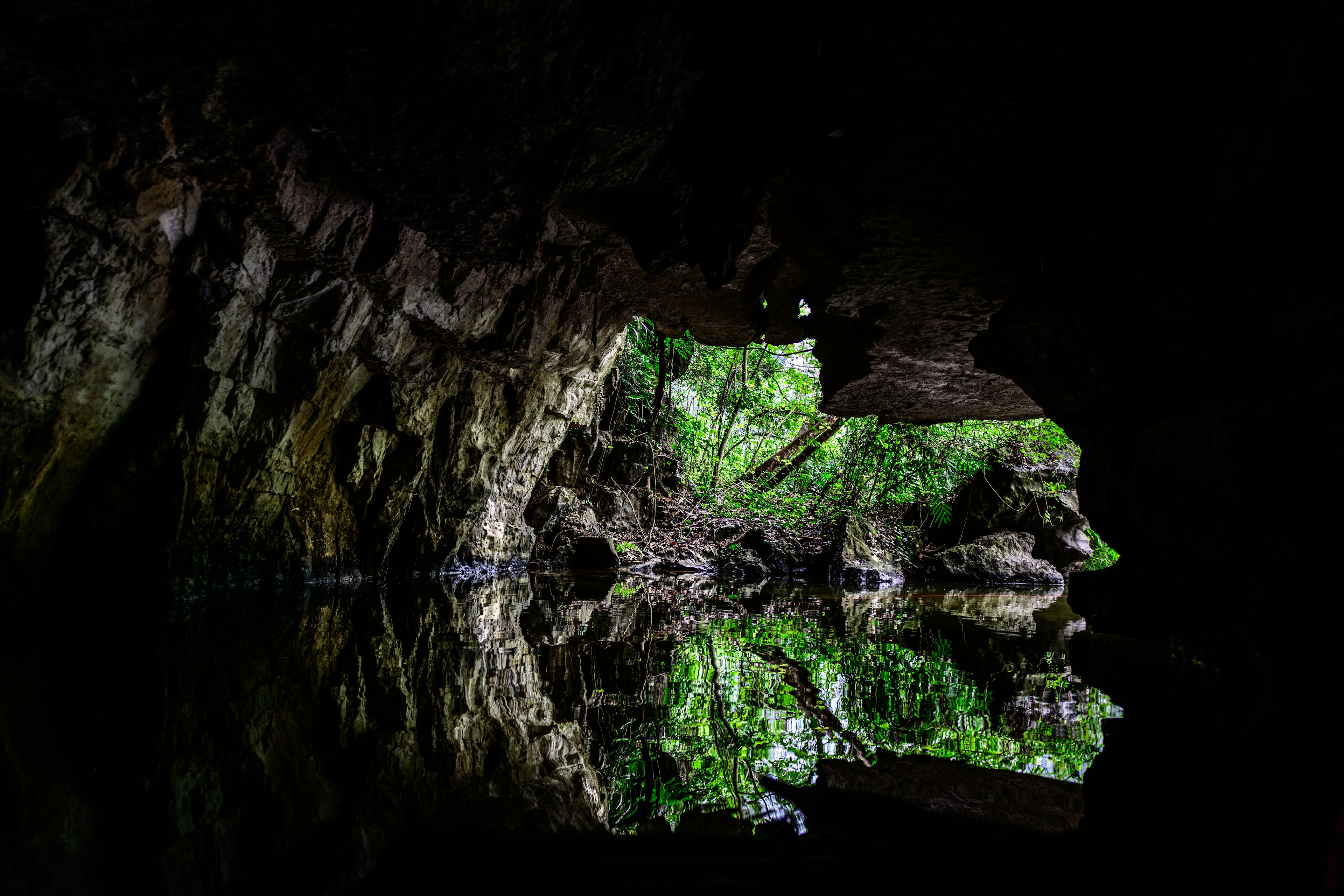 Dentro de una cueva con reflejos verdes y superficie de agua oscura