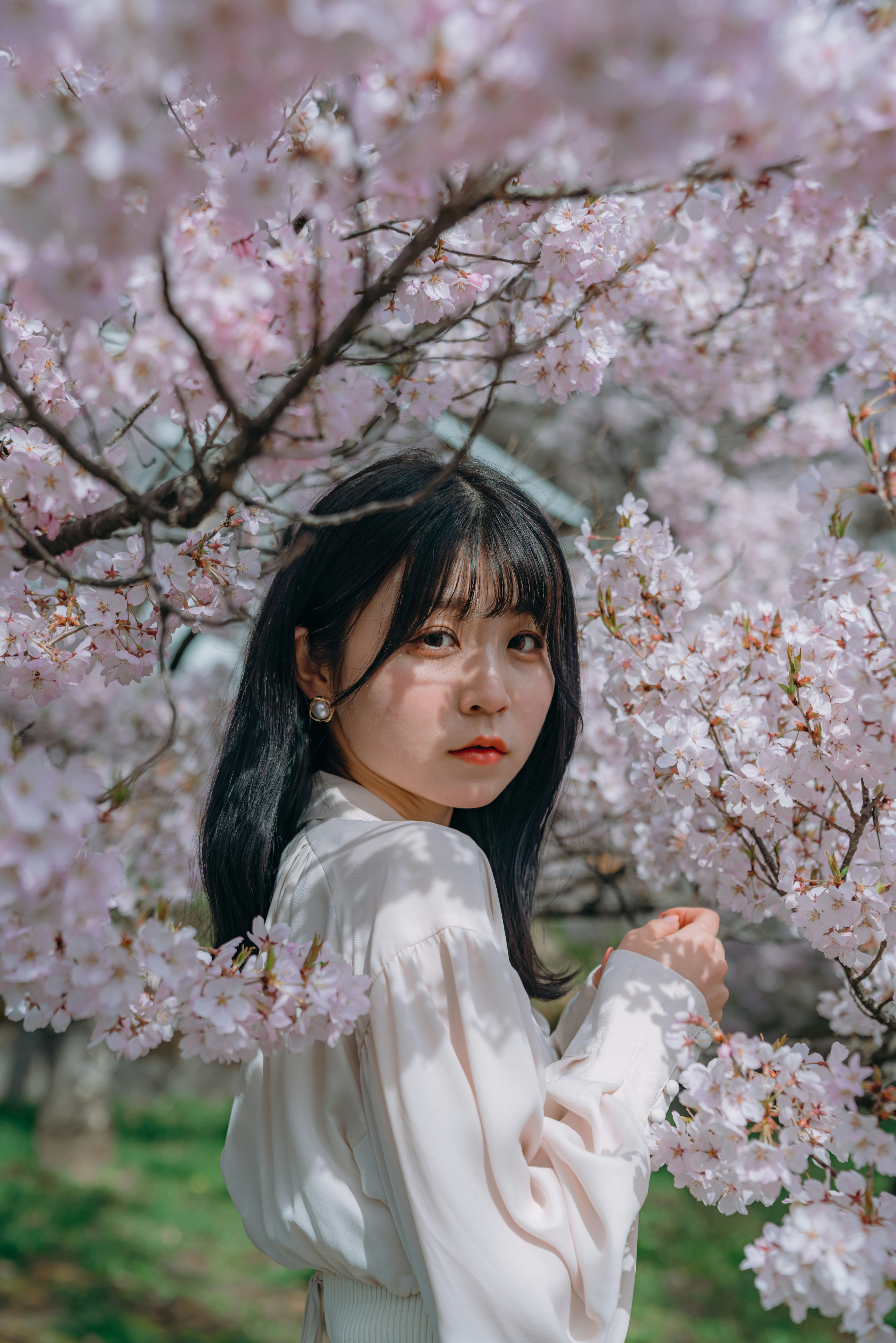 桜の花の間に立つ女性のポートレート