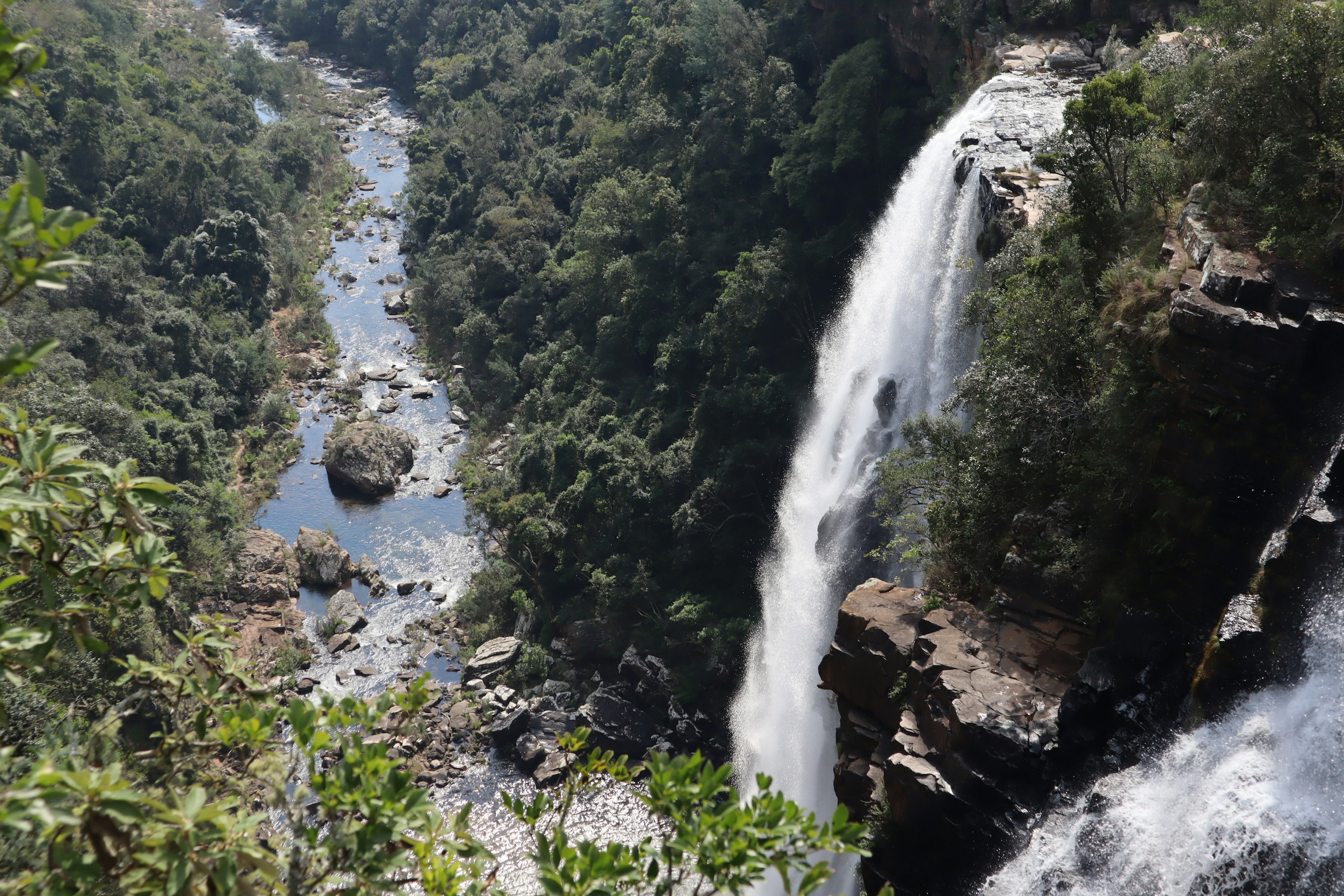 Pemandangan indah air terjun yang mengalir ke sungai dikelilingi oleh pepohonan yang rimbun