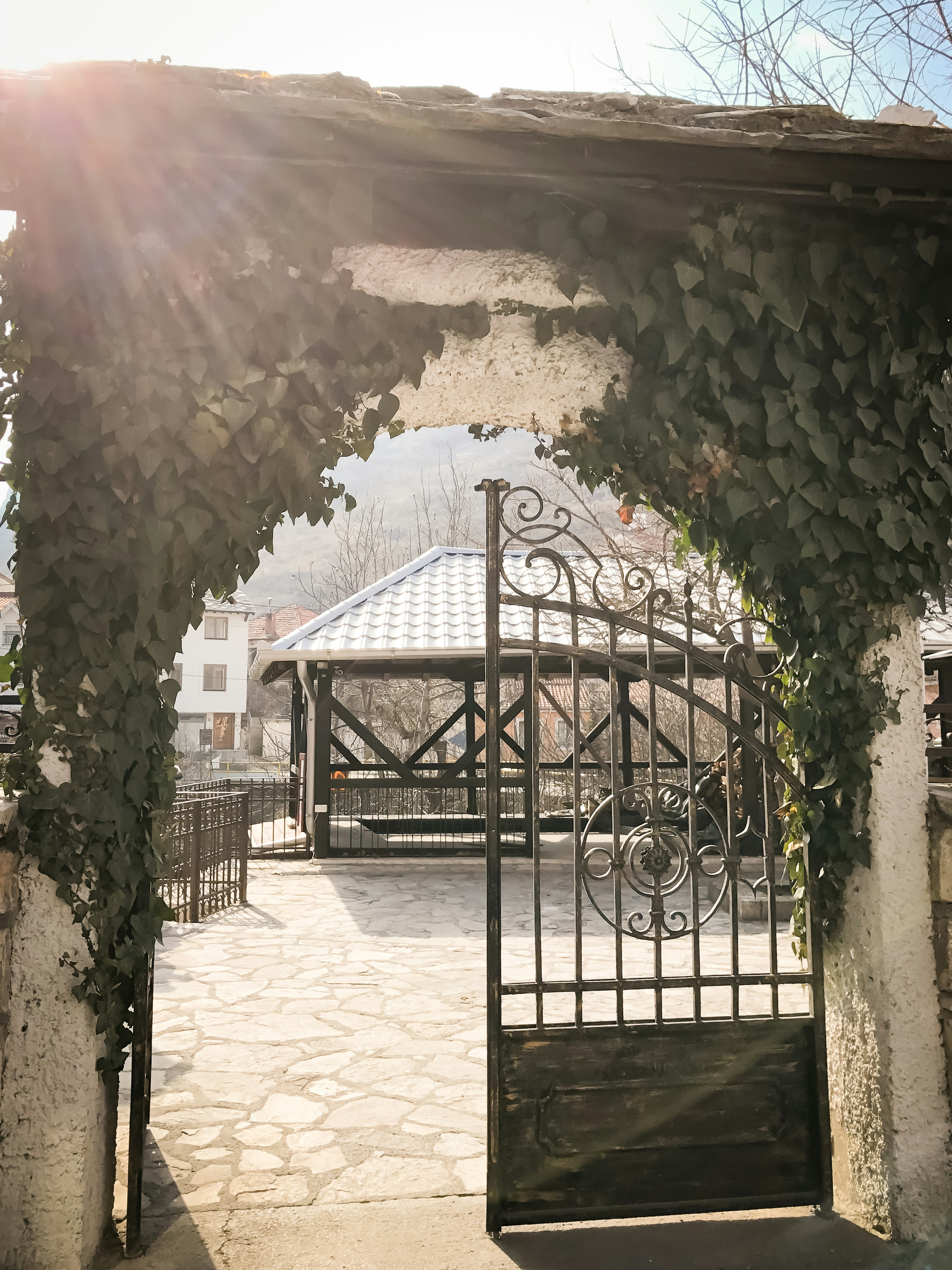 Arco coperto da edera verde che conduce a un cortile pavimentato in pietra illuminato dal sole