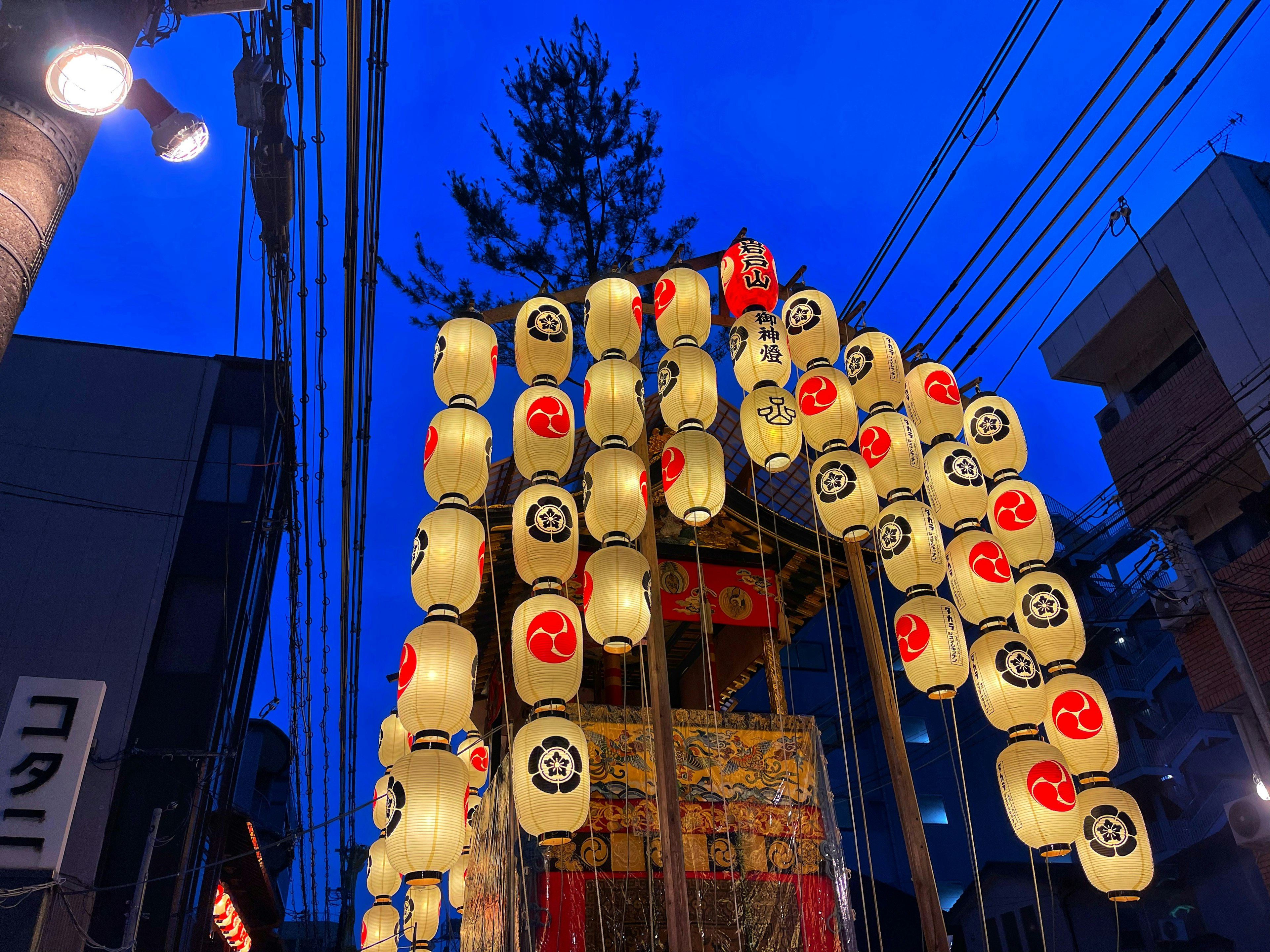 Lanterns illuminated against a blue evening sky with power lines