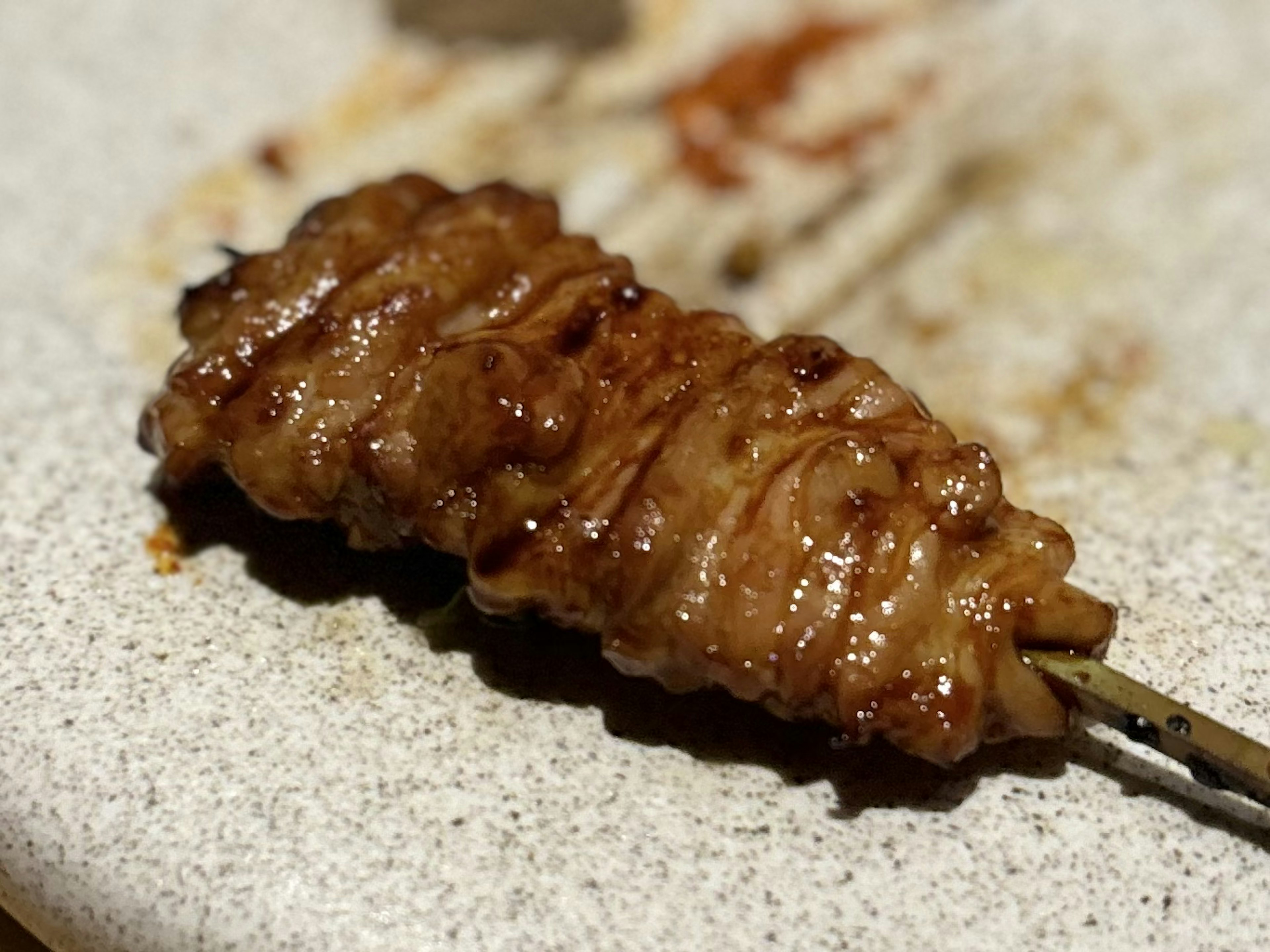 Grilled meat skewer resting on a plate