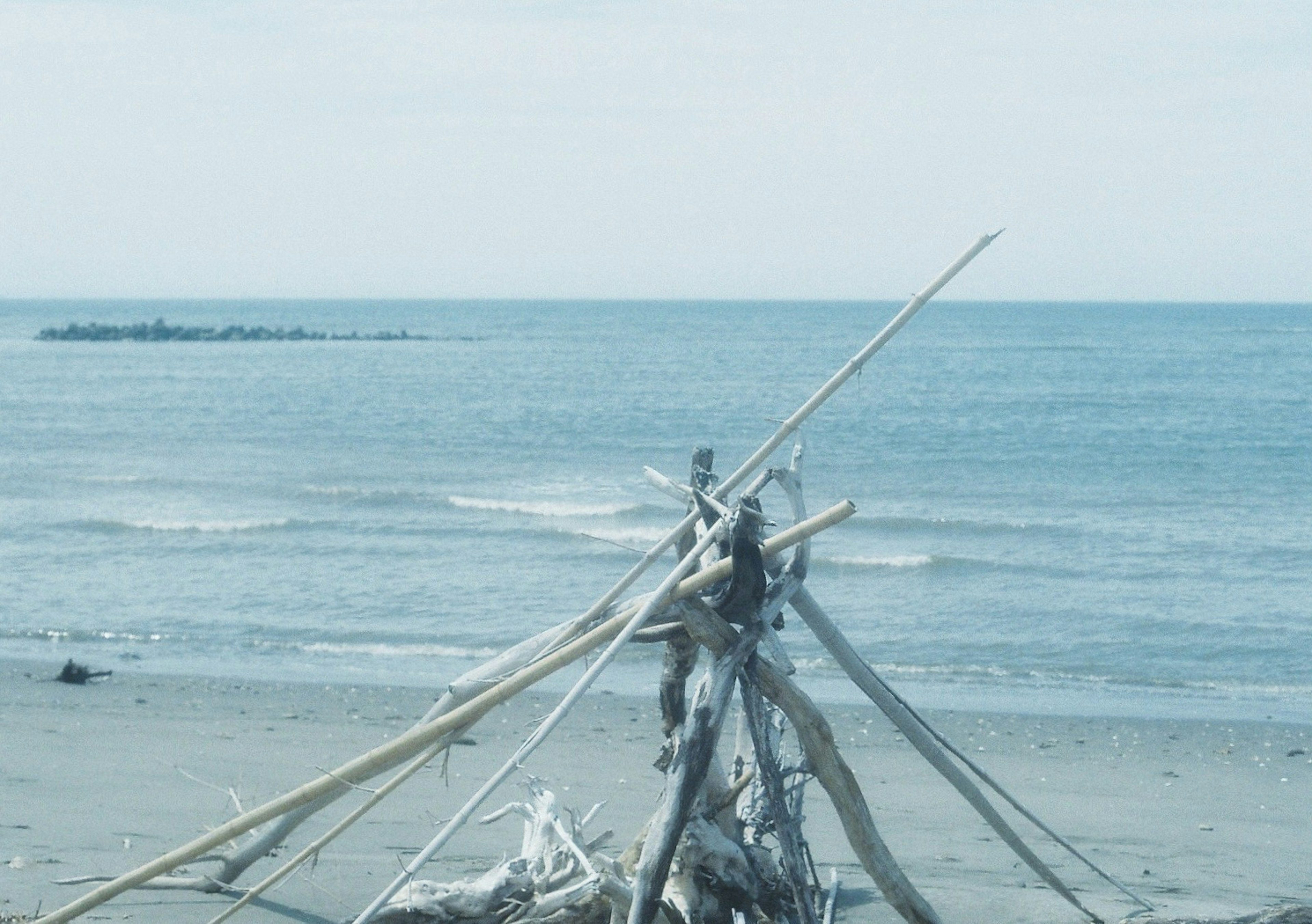 海岸にある流木の構造物と穏やかな海の風景