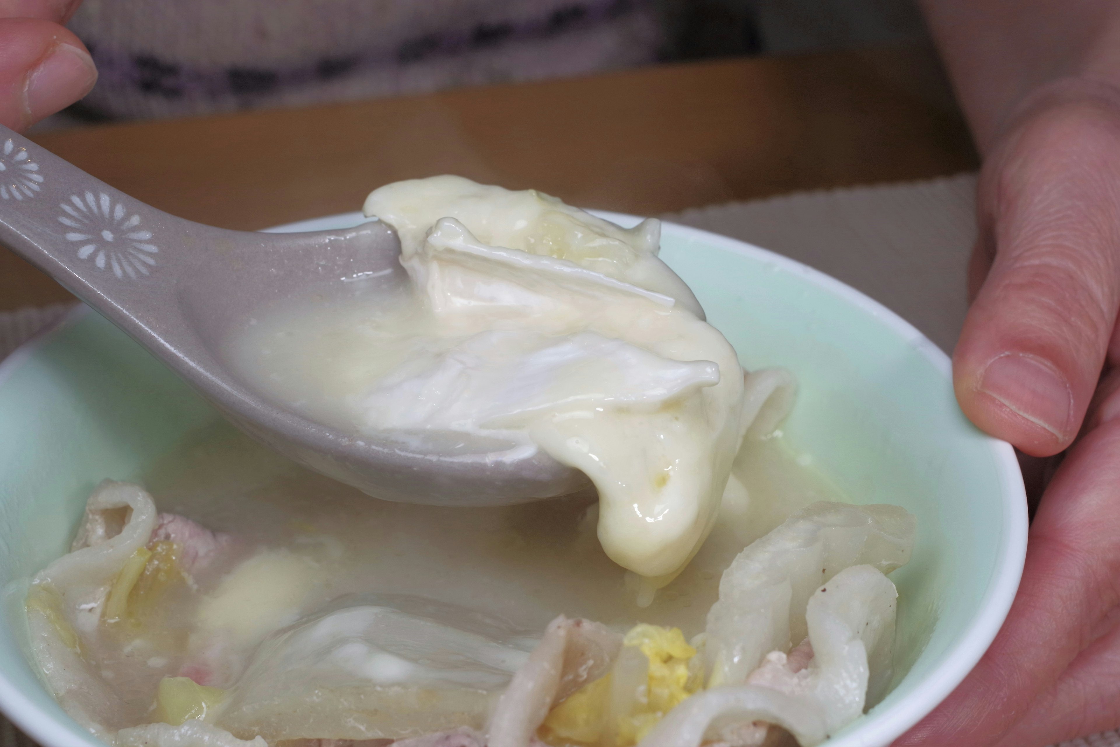 A spoon lifting creamy soup with ingredients from a bowl