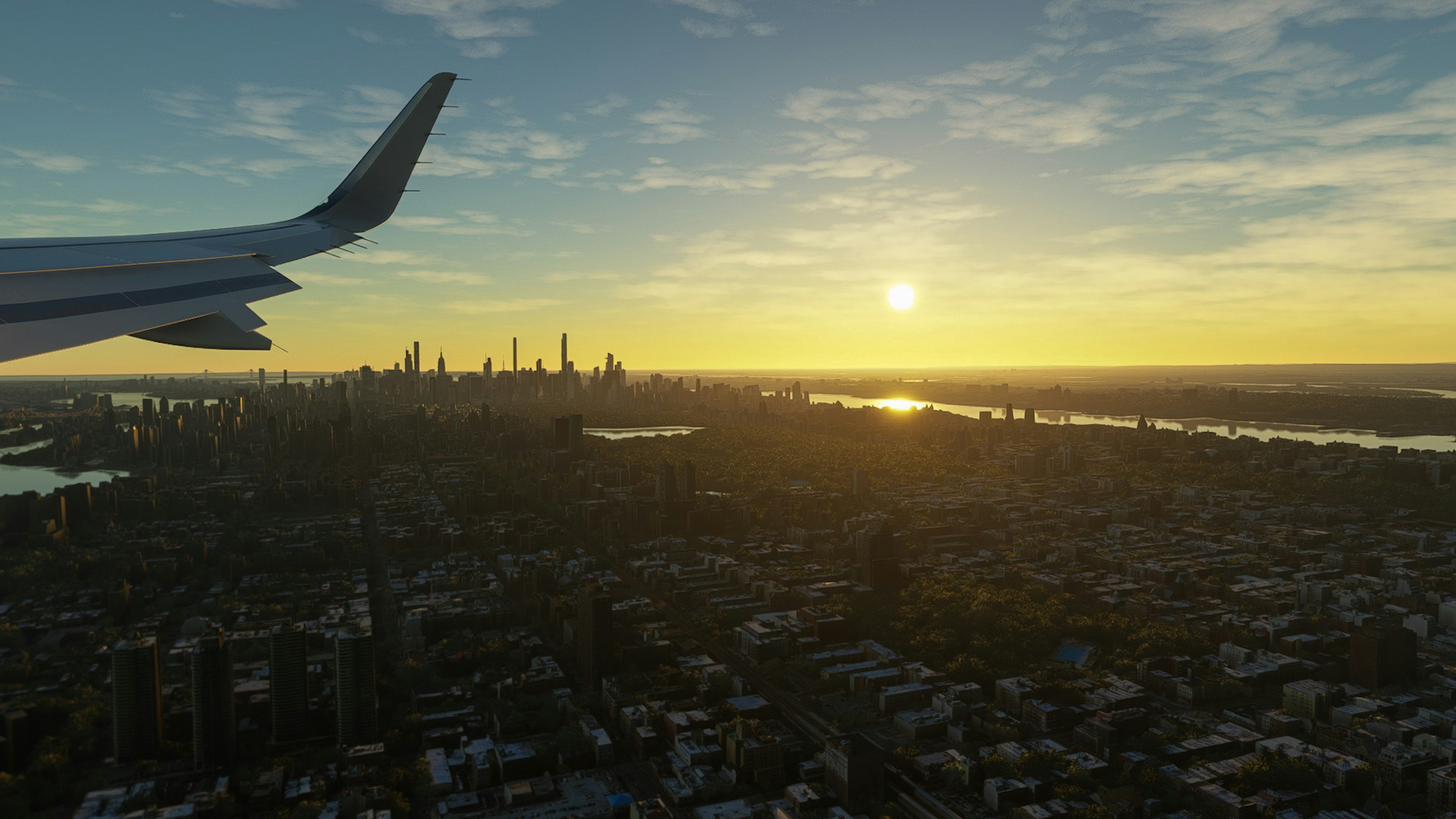 Vista del horizonte de la ciudad al atardecer desde el ala de un avión