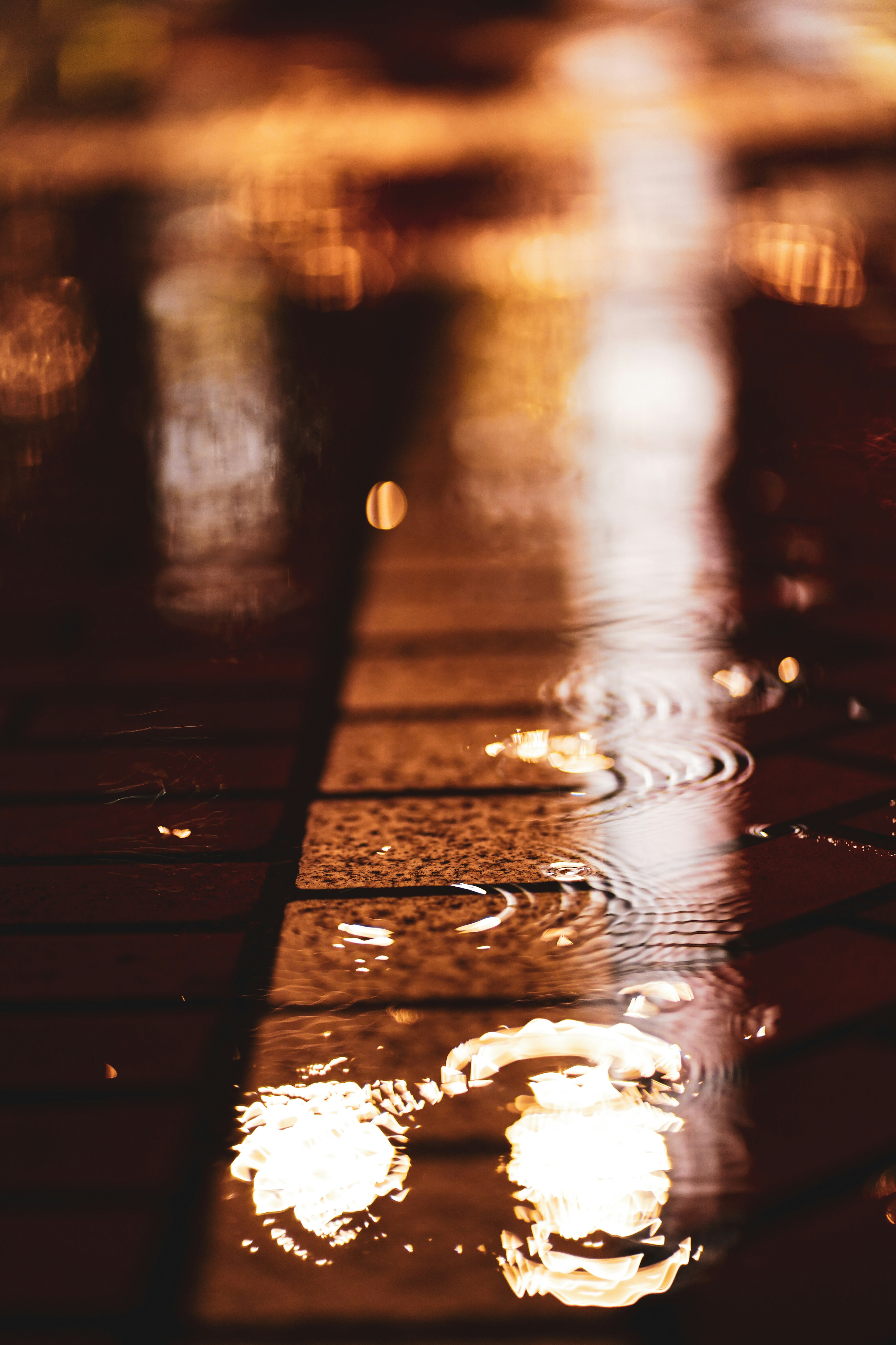 Charcos reflejando luz y patrones después de la lluvia