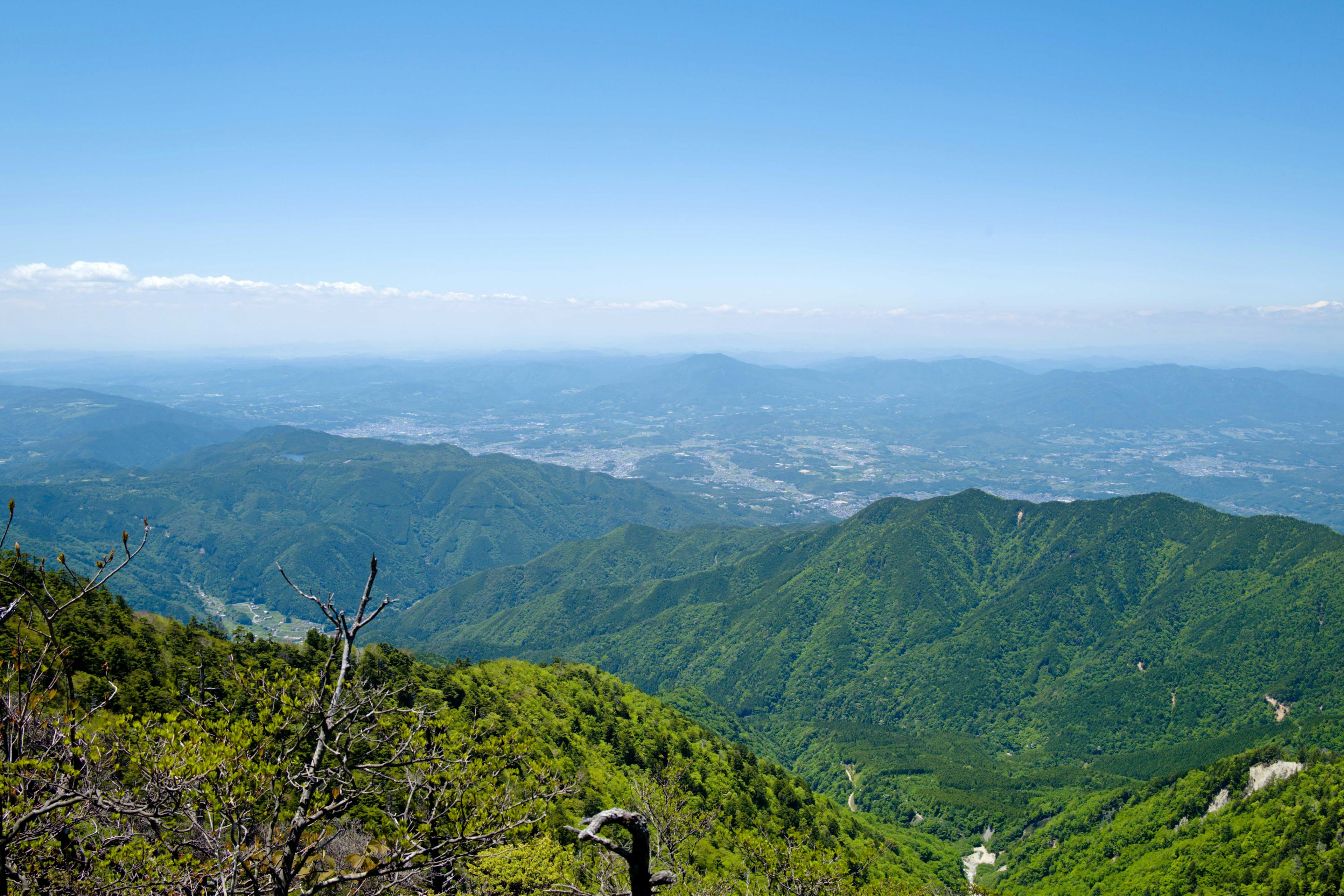 清澈蓝天下绿色山脉的全景