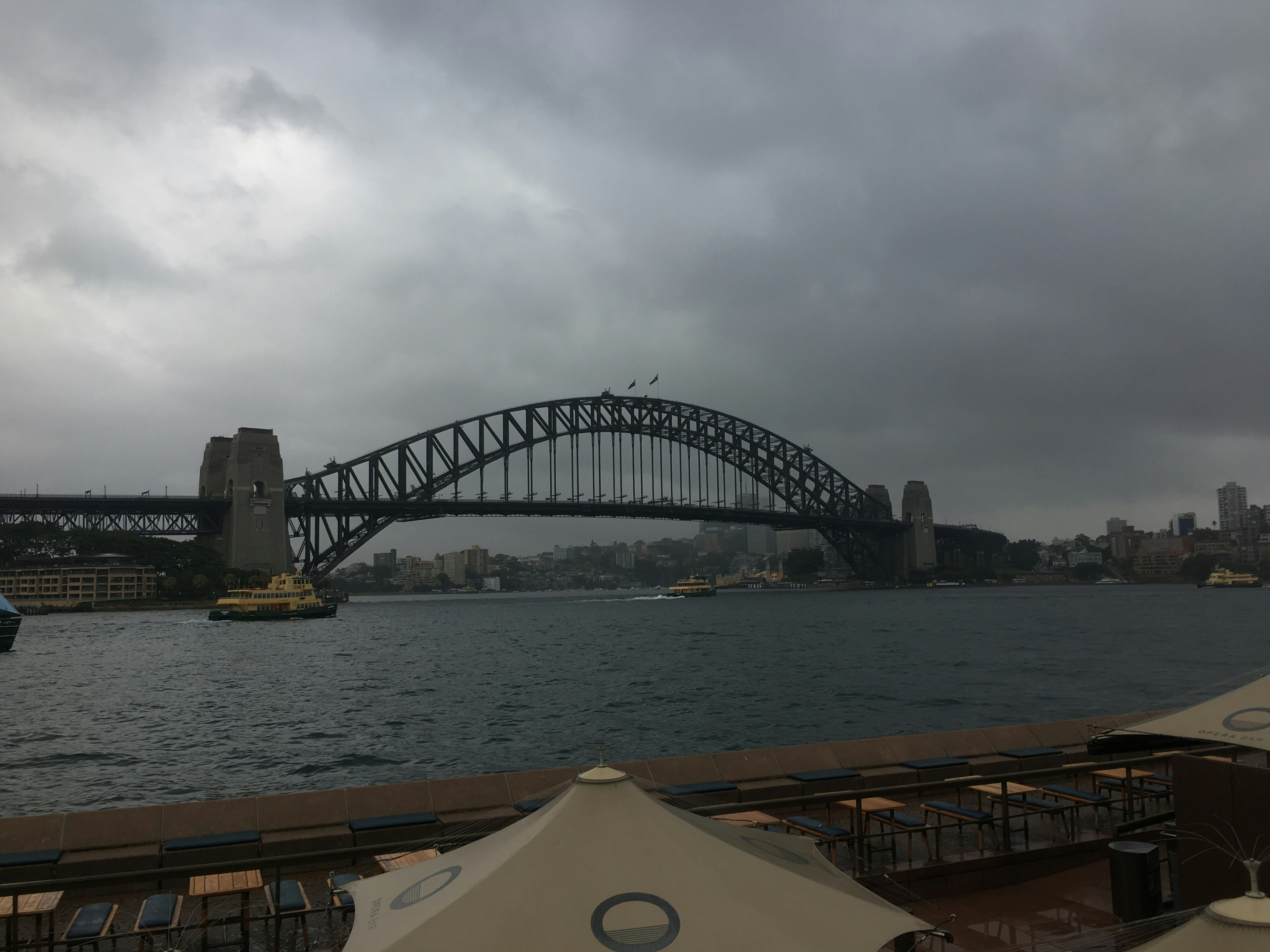 Pemandangan Jembatan Pelabuhan Sydney di atas Pelabuhan Sydney dengan langit mendung dan air tenang