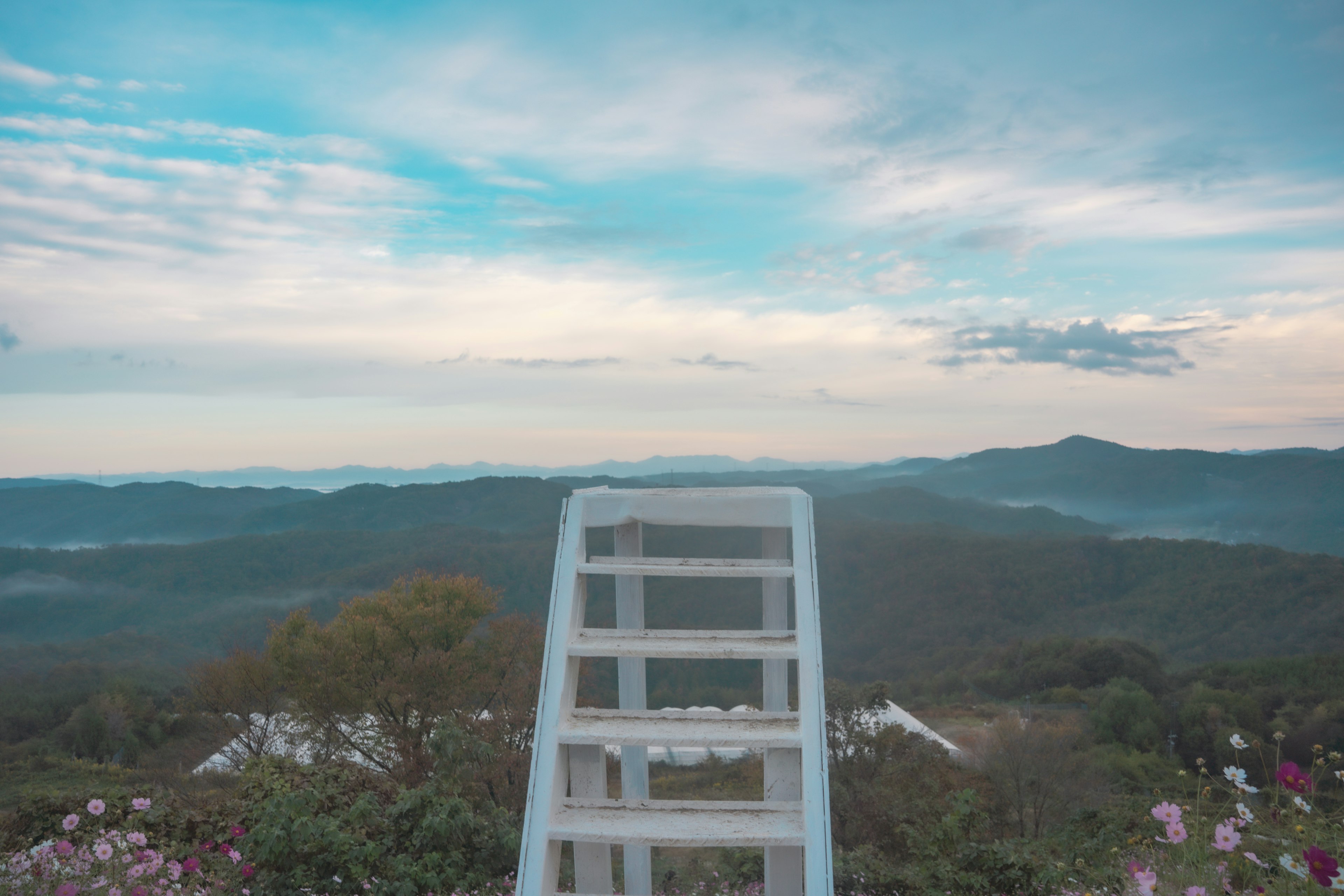 白い梯子が山の景色を見渡す青空の下に立っている