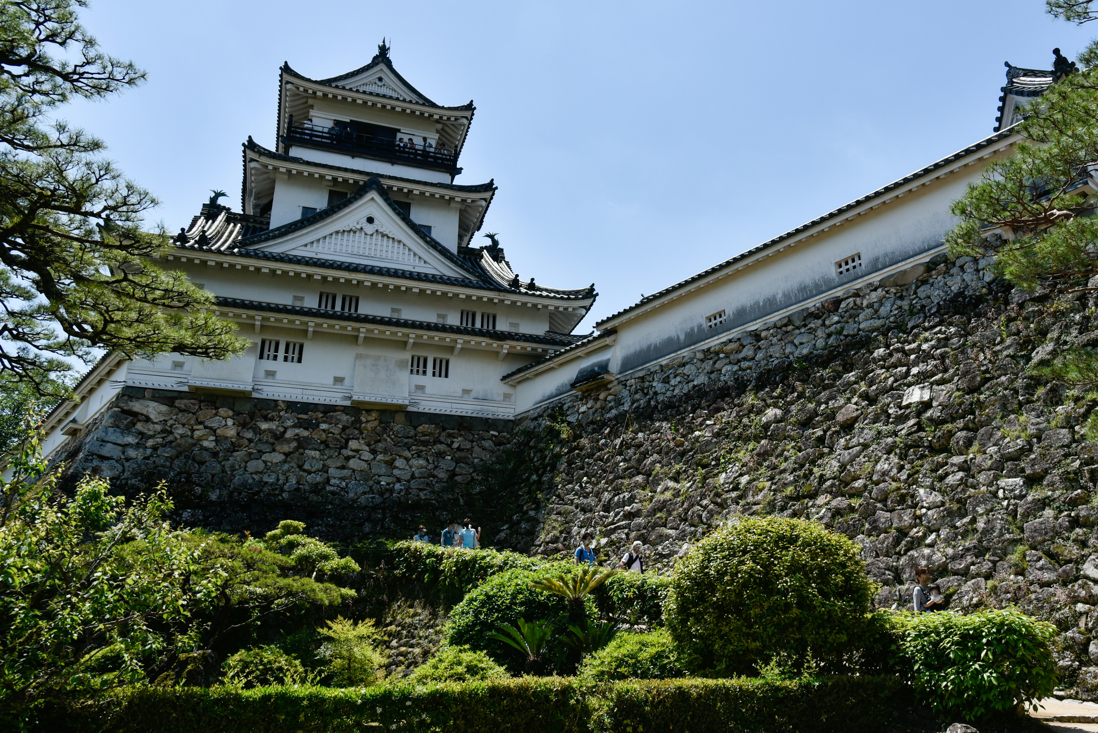 Vue pittoresque d'un château japonais avec des caractéristiques architecturales distinctes et des murs en pierre