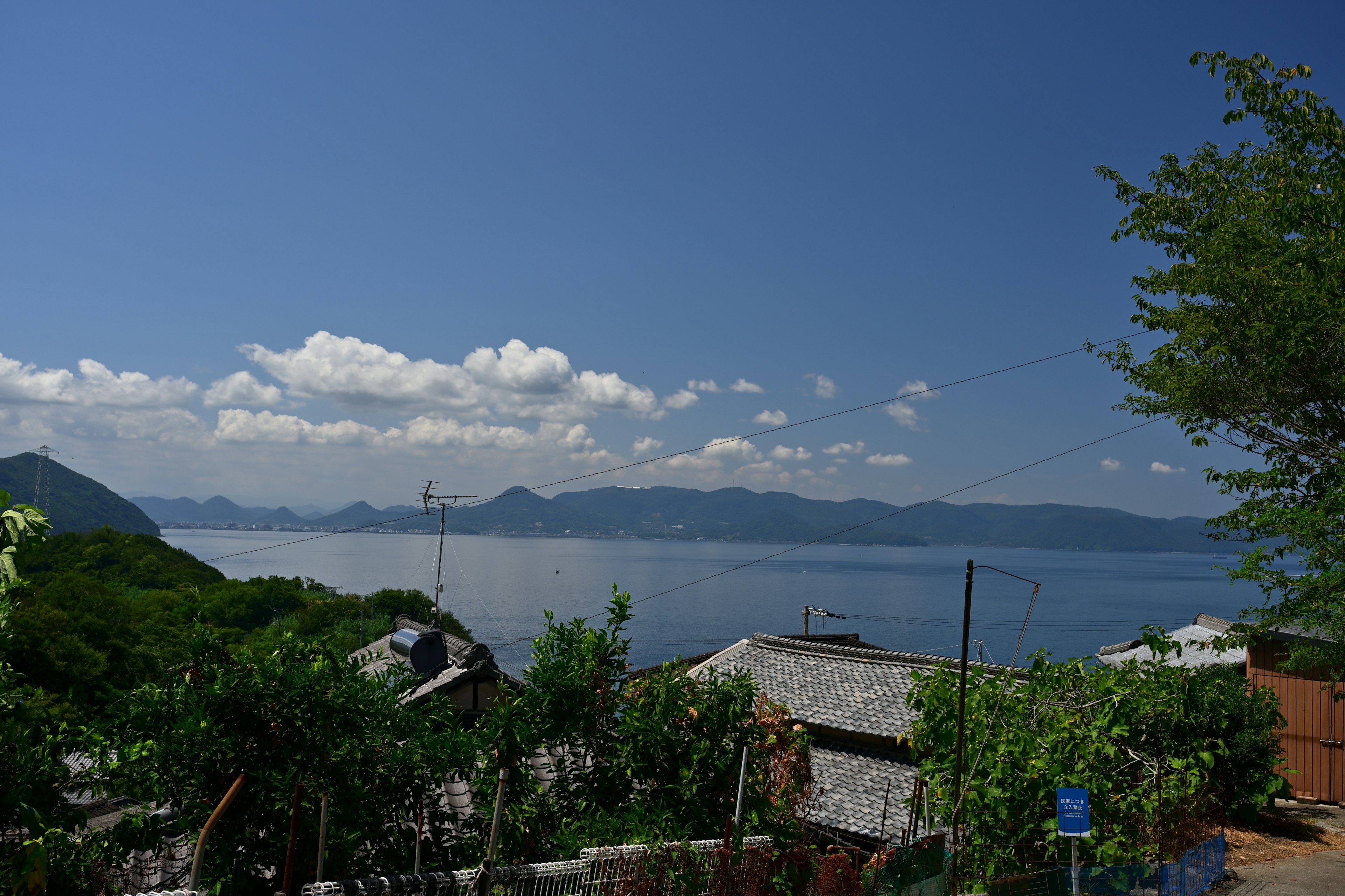 俯瞰大海和藍天的風景 附近有綠植和建築物