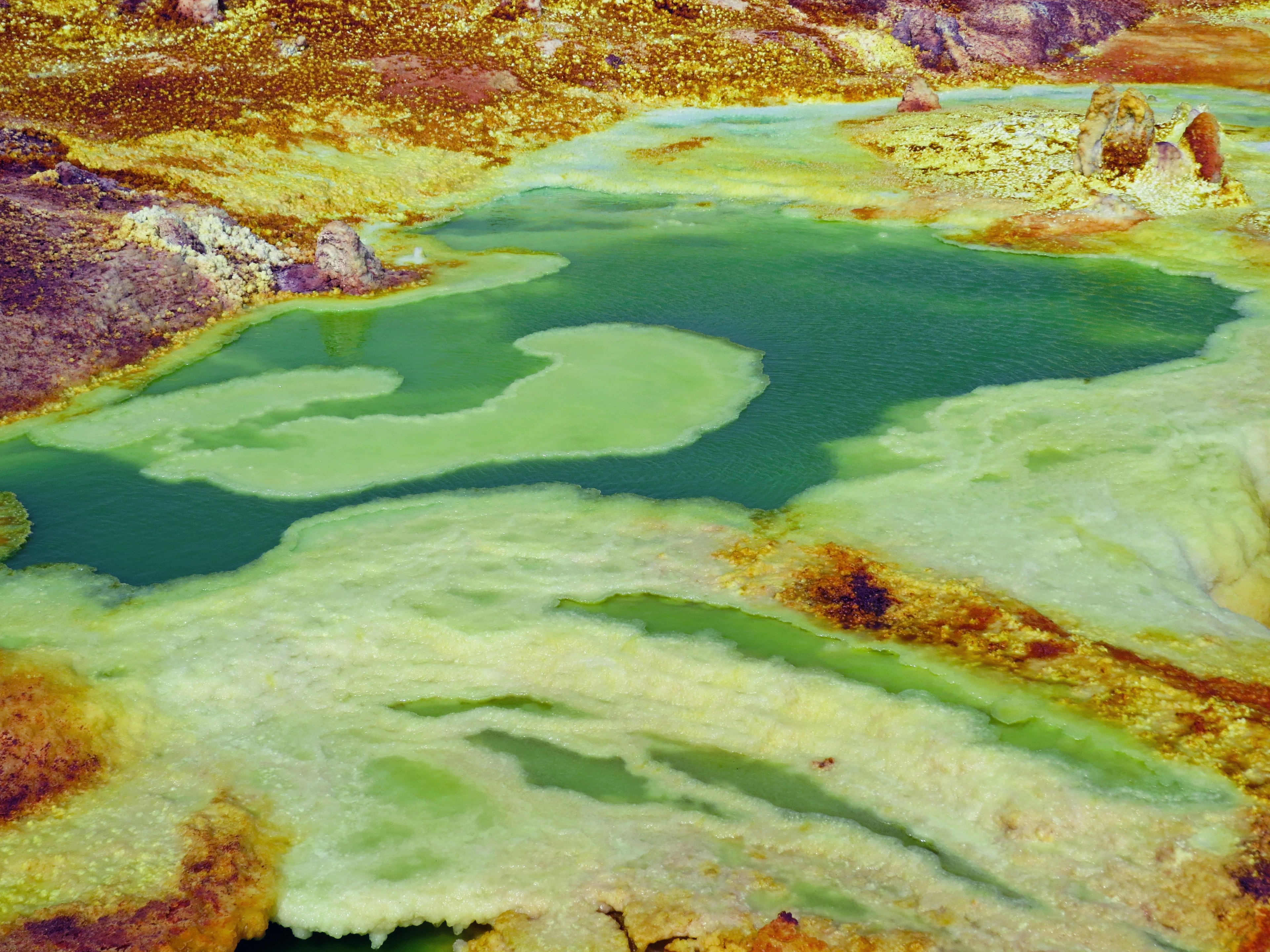 Un lac vert vif entouré d'un terrain jaunâtre