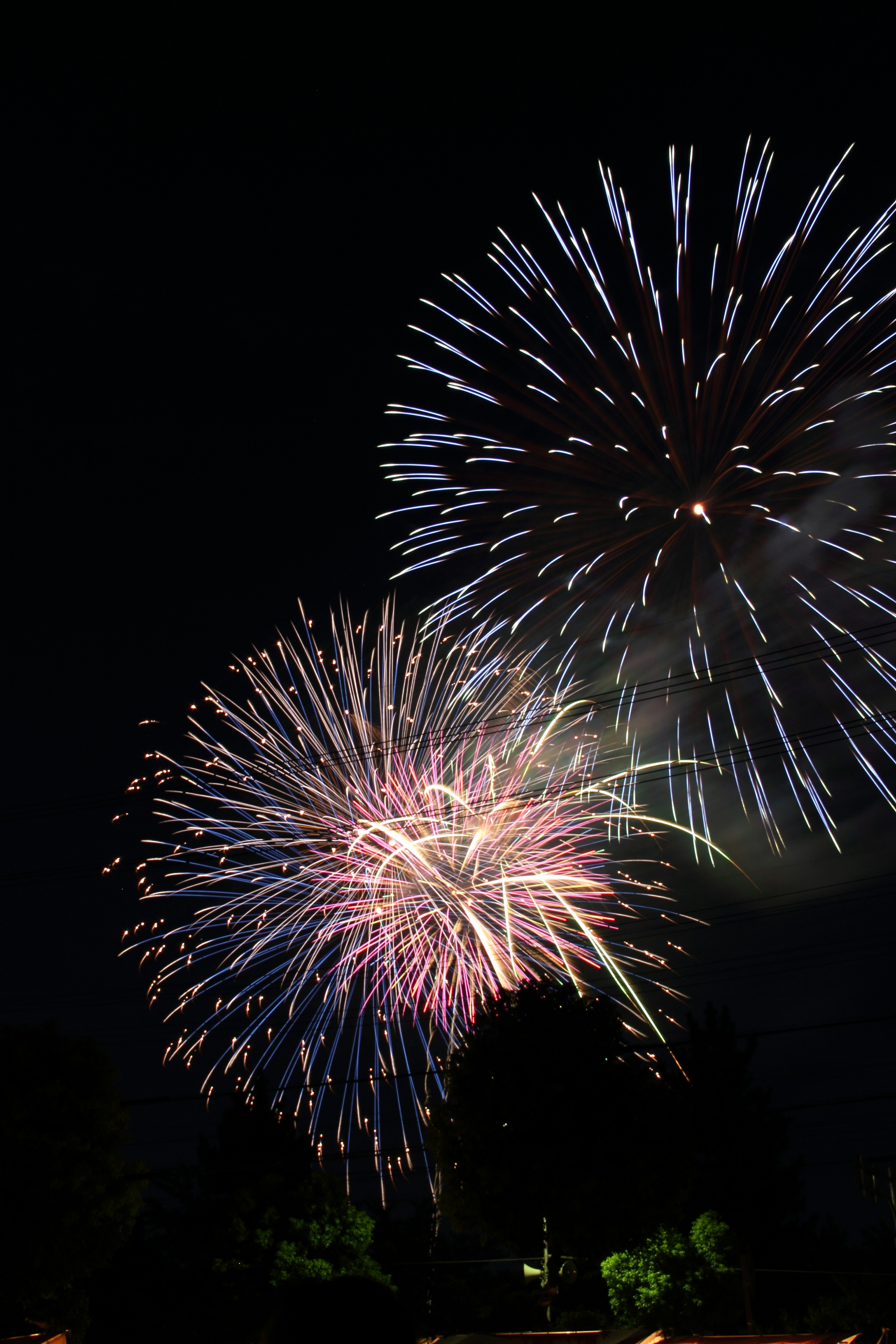 Hermoso espectáculo de fuegos artificiales en el cielo nocturno con explosiones grandes y pequeñas