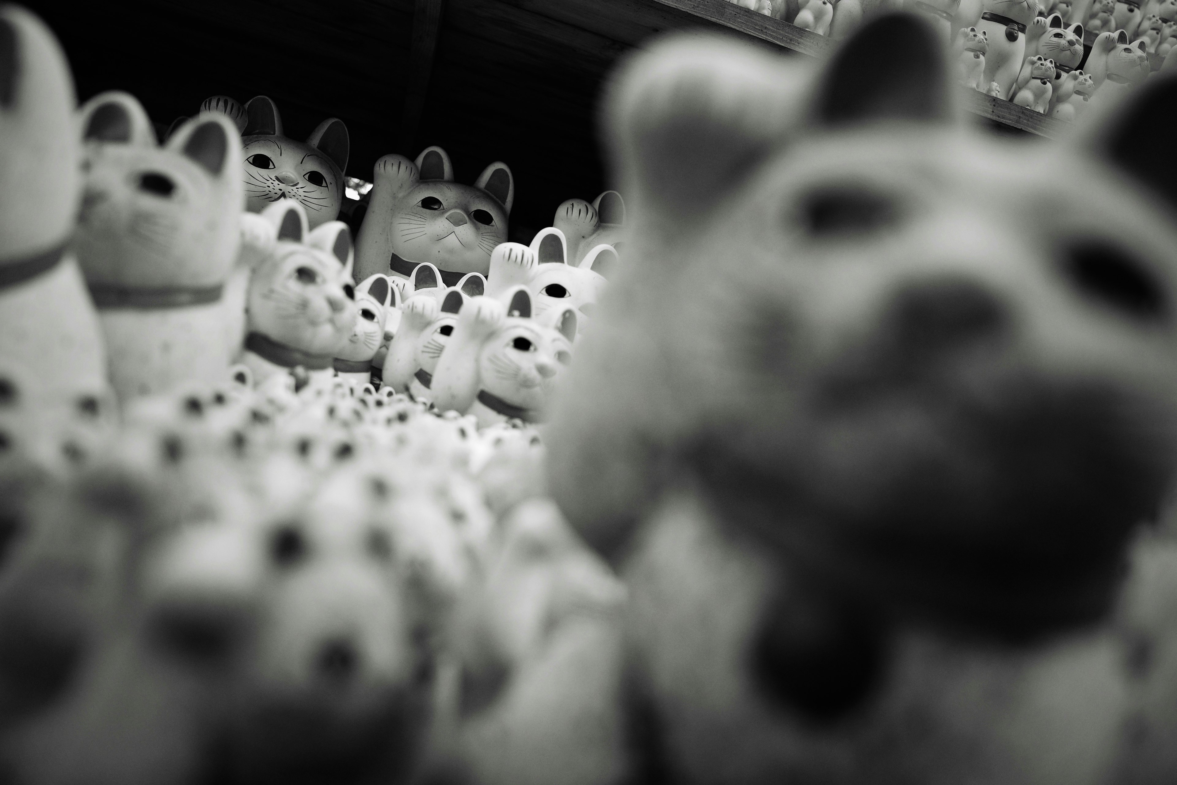 A multitude of dog figurines arranged closely together in black and white