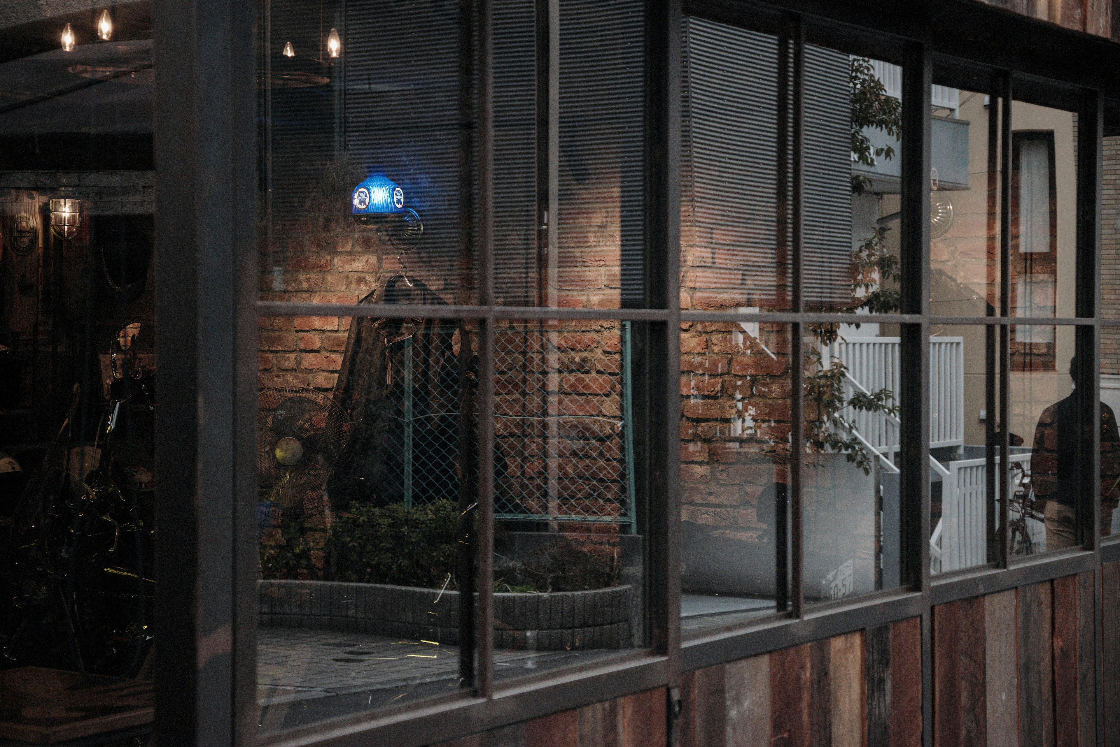 Industrial-style window showing an indoor scene with plants