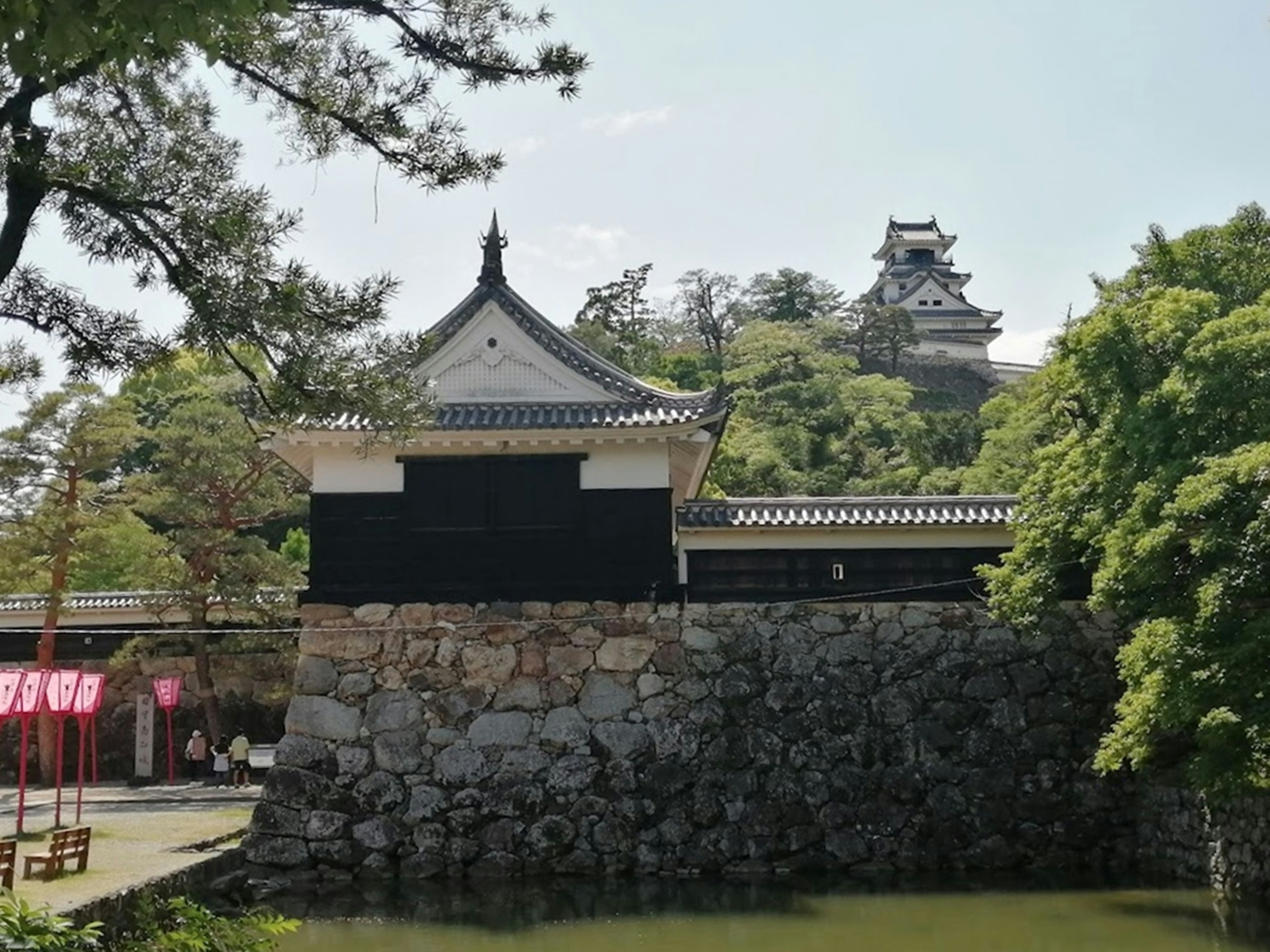 Vue pittoresque d'un mur de château avec une porte noire entourée de verdure