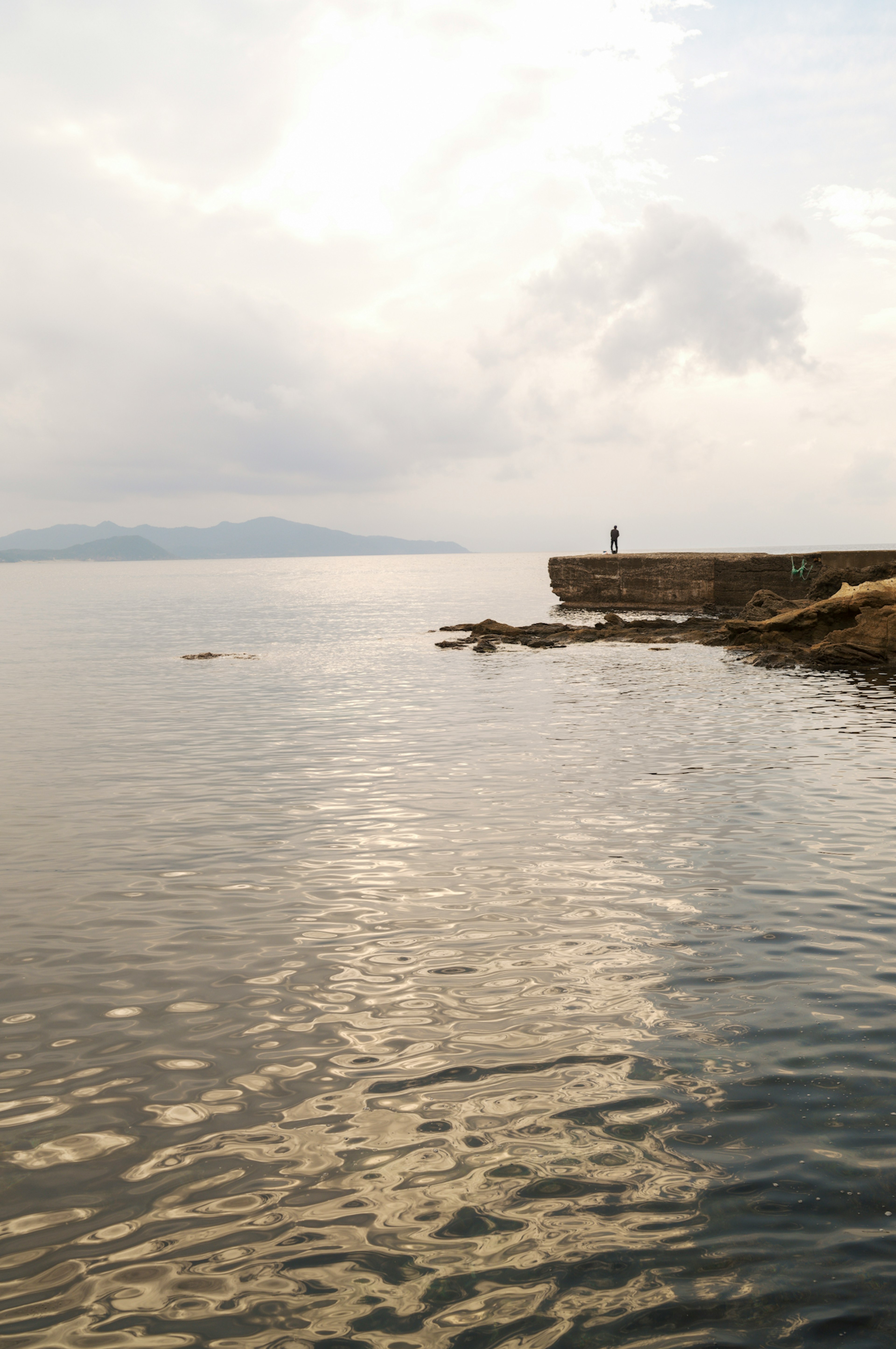 Persona in piedi su una riva rocciosa con mare calmo e cielo nuvoloso