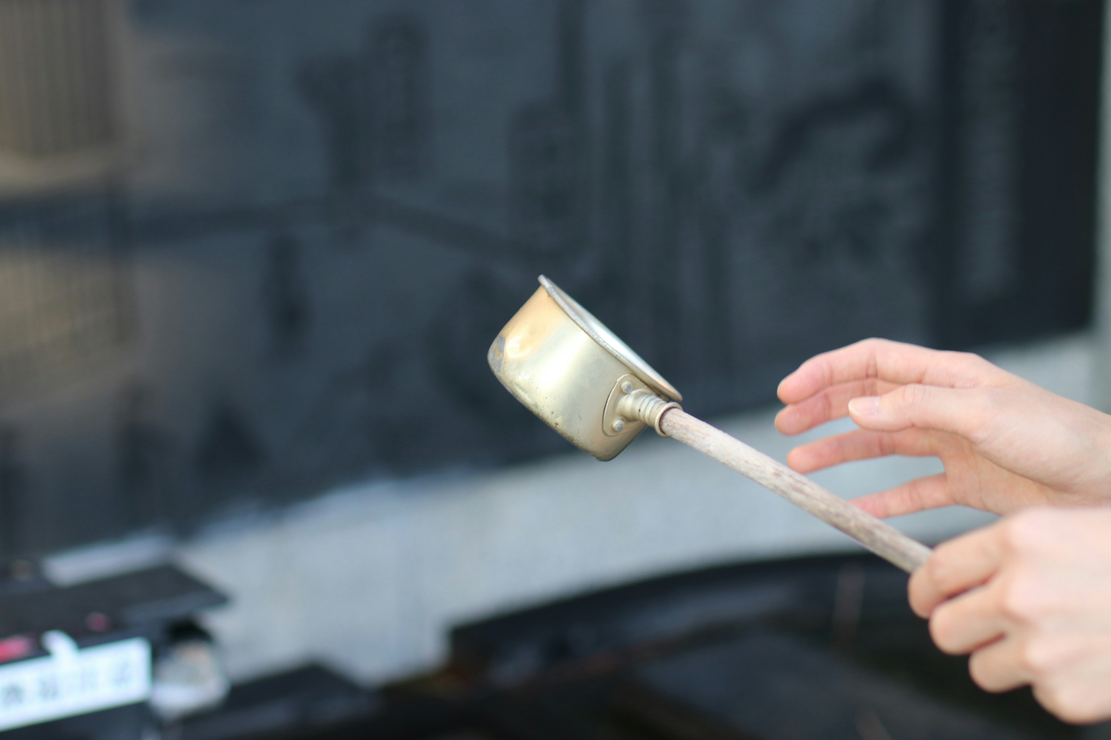 Hand holding a gold-colored ladle with a blurred background