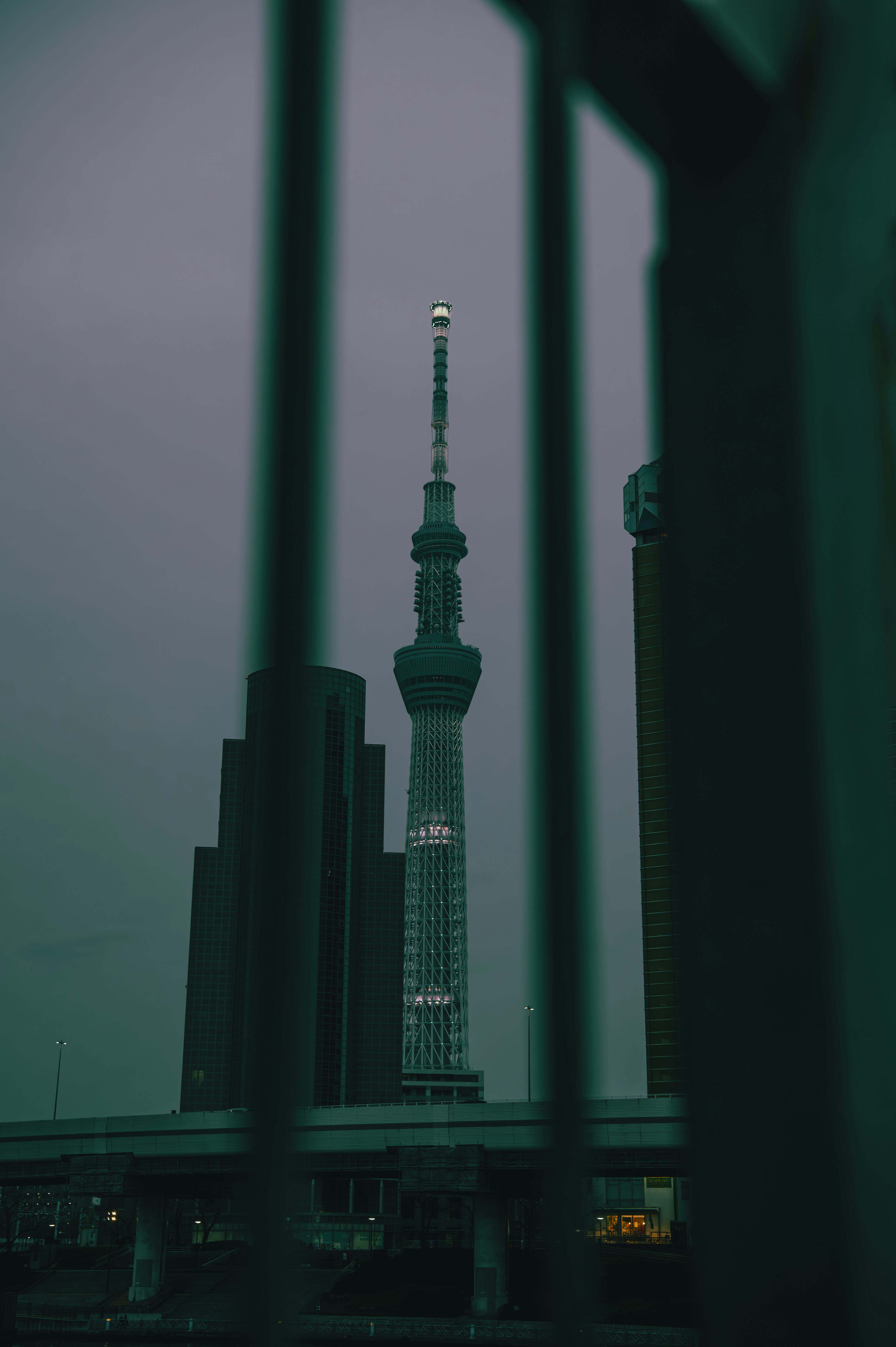 Gambar Tokyo Skytree terlihat di bawah langit gelap