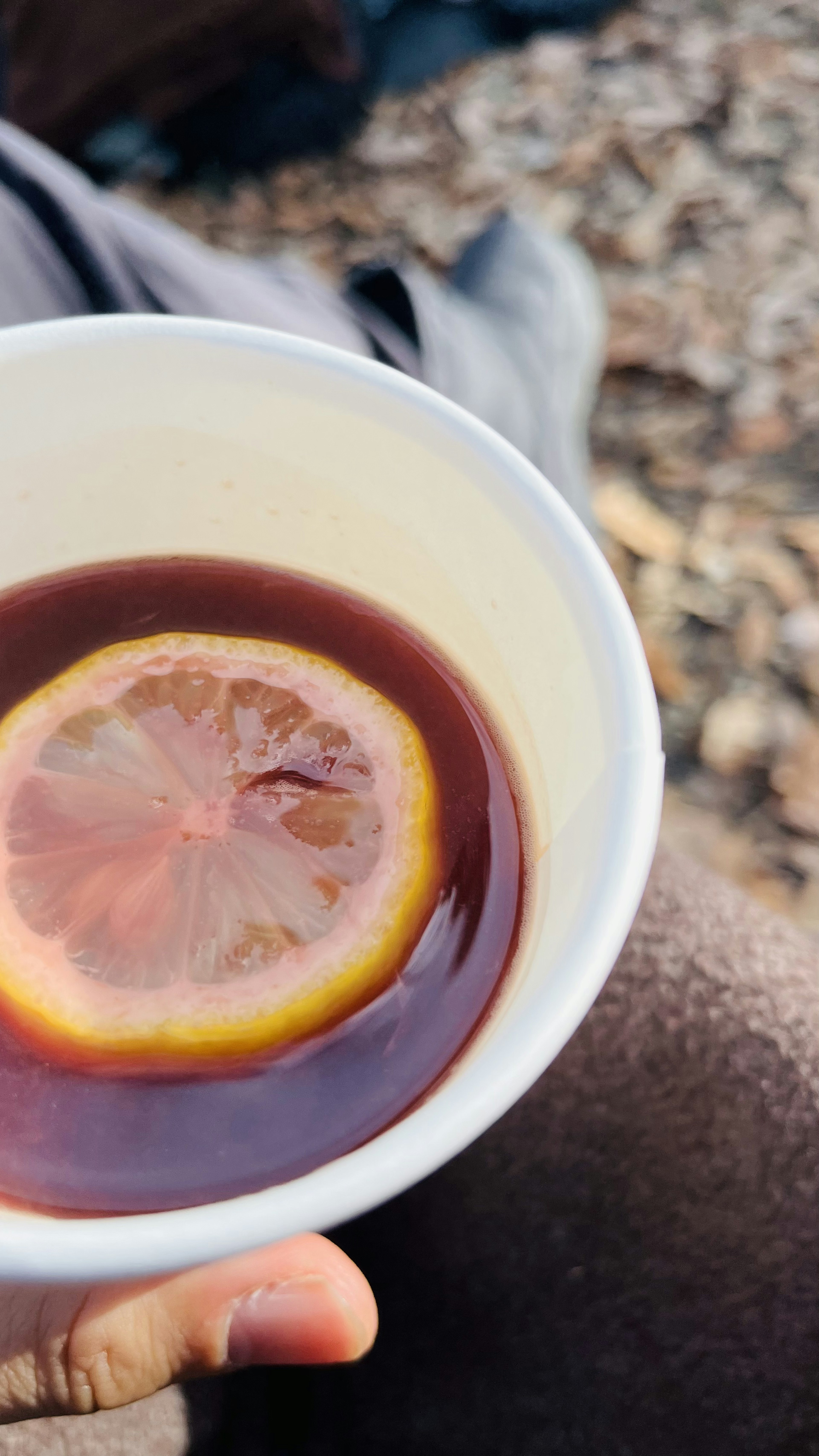 白いカップの中にレモンのスライスが浮かぶ濃い茶色の飲み物