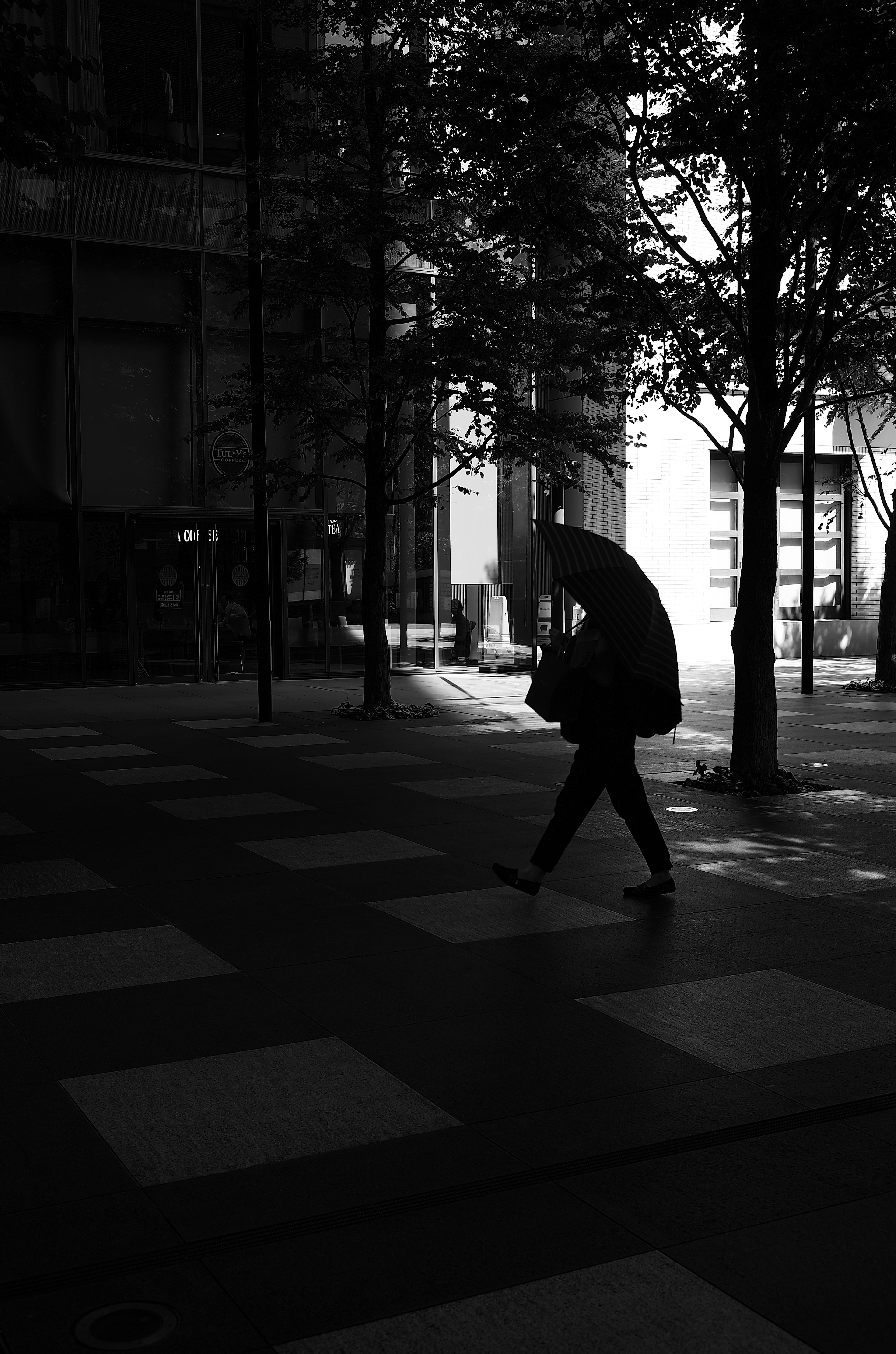 Silhouette of a person walking in a city street with shadows