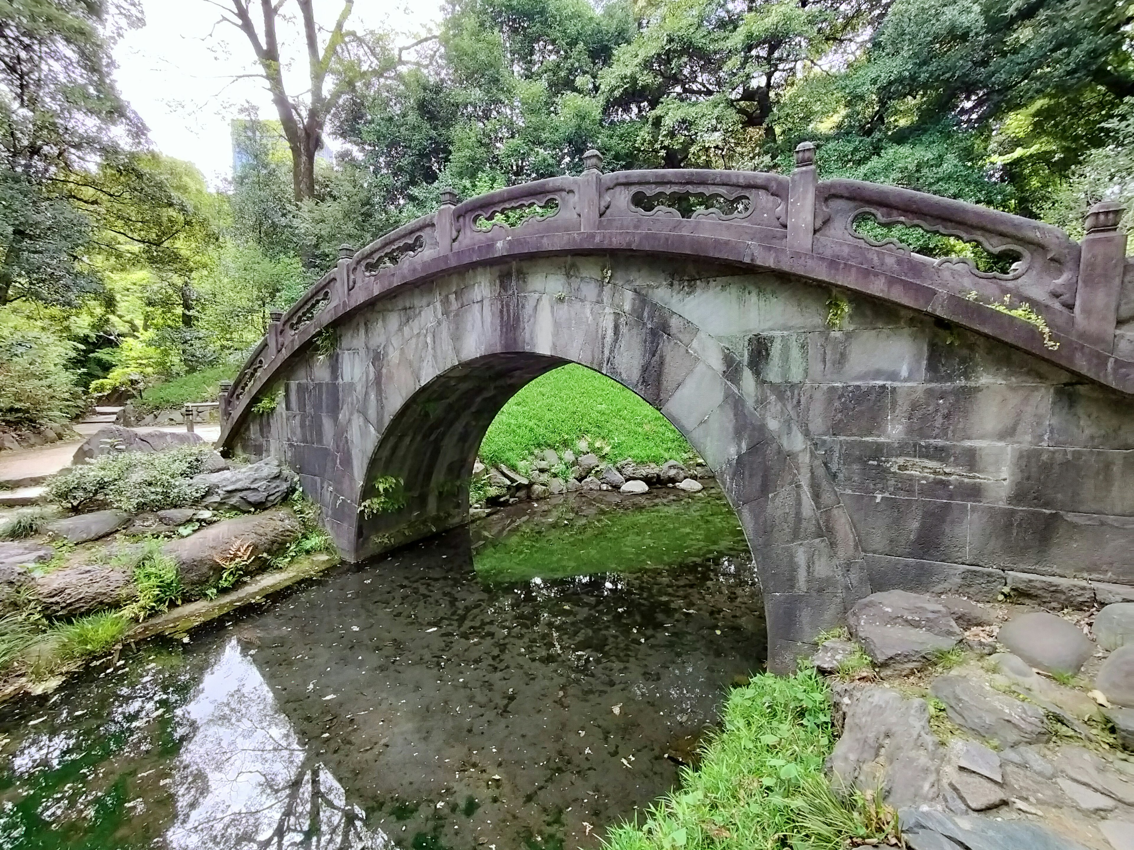 Pont en arc en pierre avec verdure luxuriante et étang tranquille