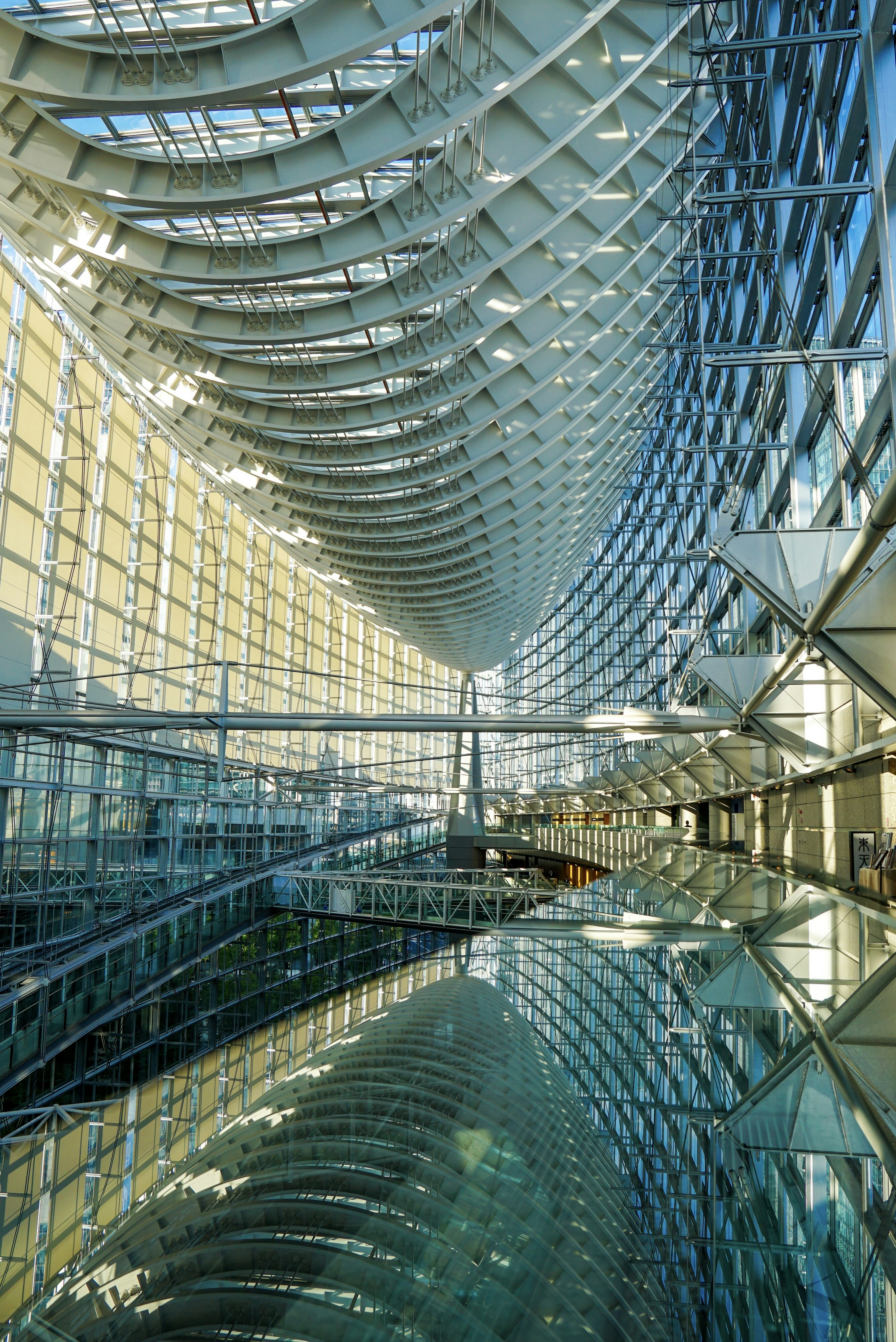 Interior view of a modern building with glass and metal structure