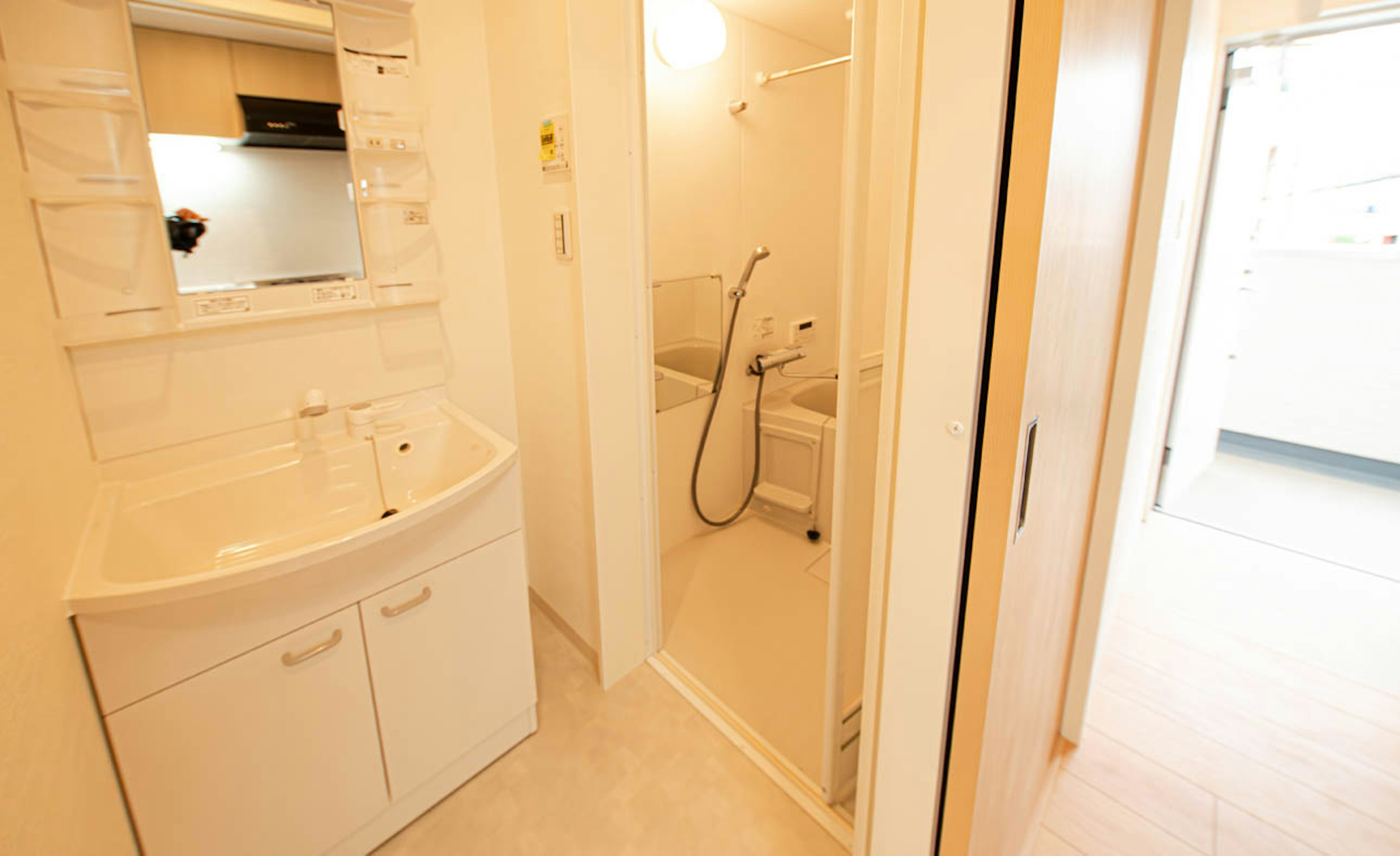 Interior view of a bathroom with a white sink and shower area