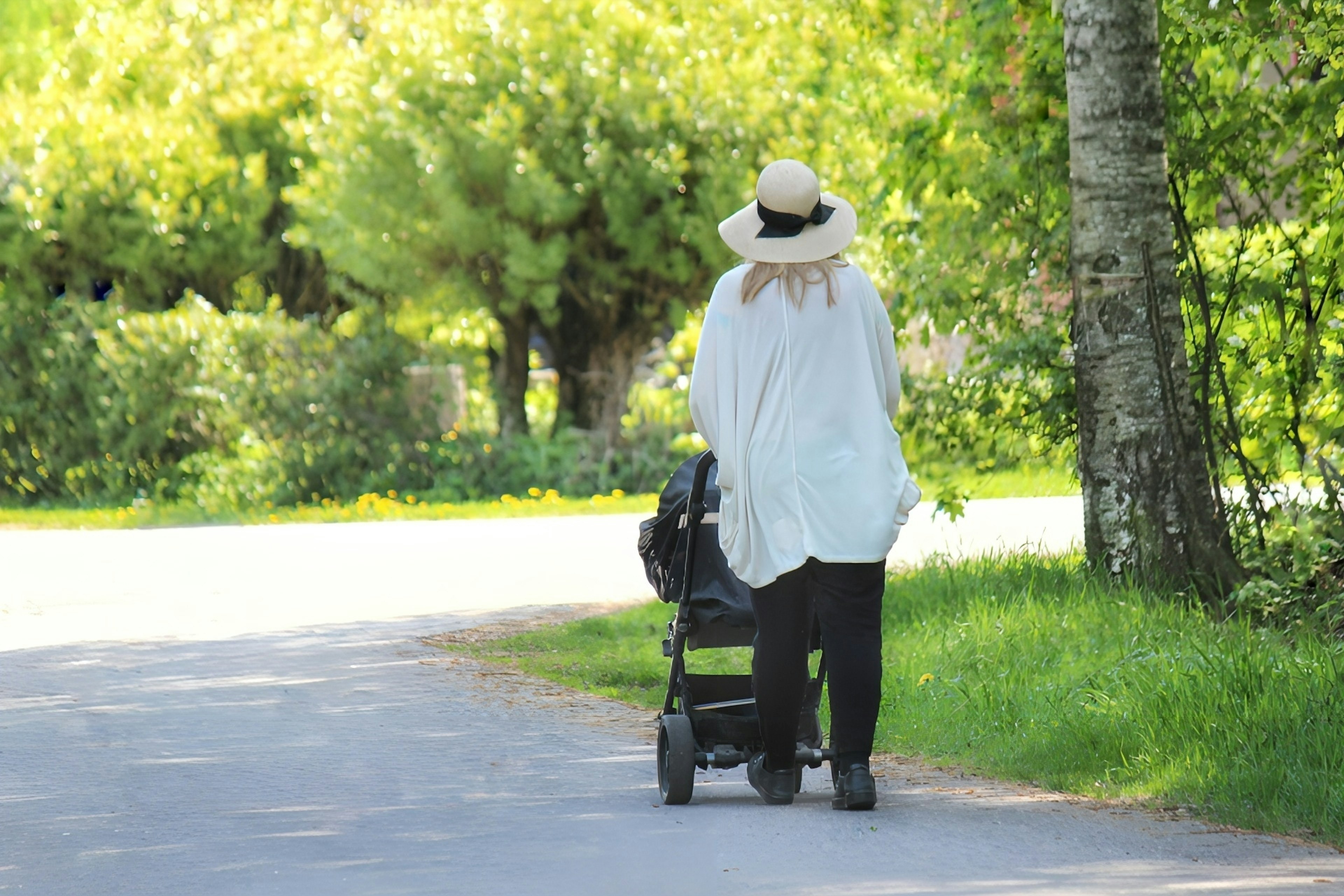 Donna che passeggia in un parco verde con un passeggino