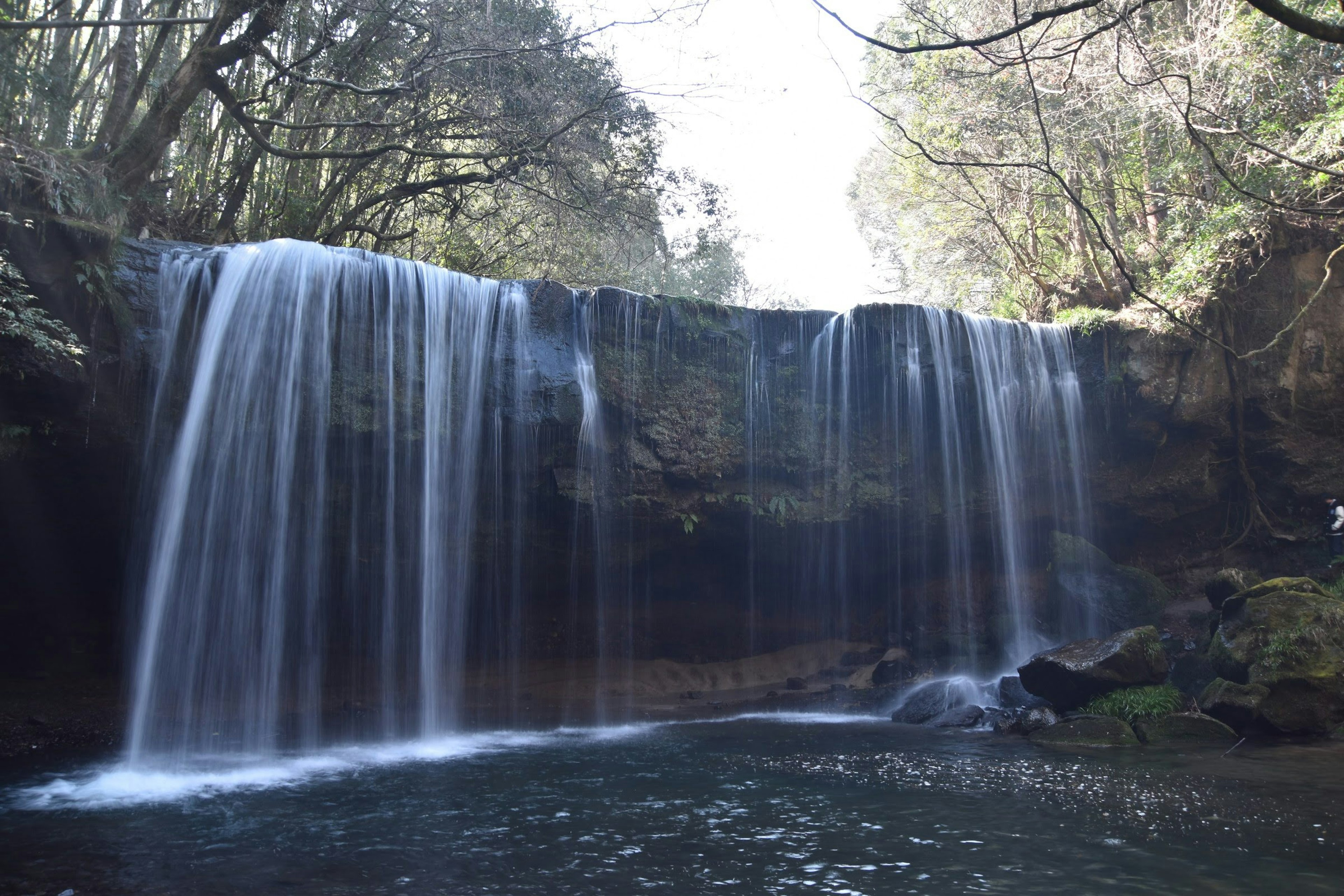 Air terjun yang indah mengalir ke kolam tenang dikelilingi oleh pepohonan rimbun