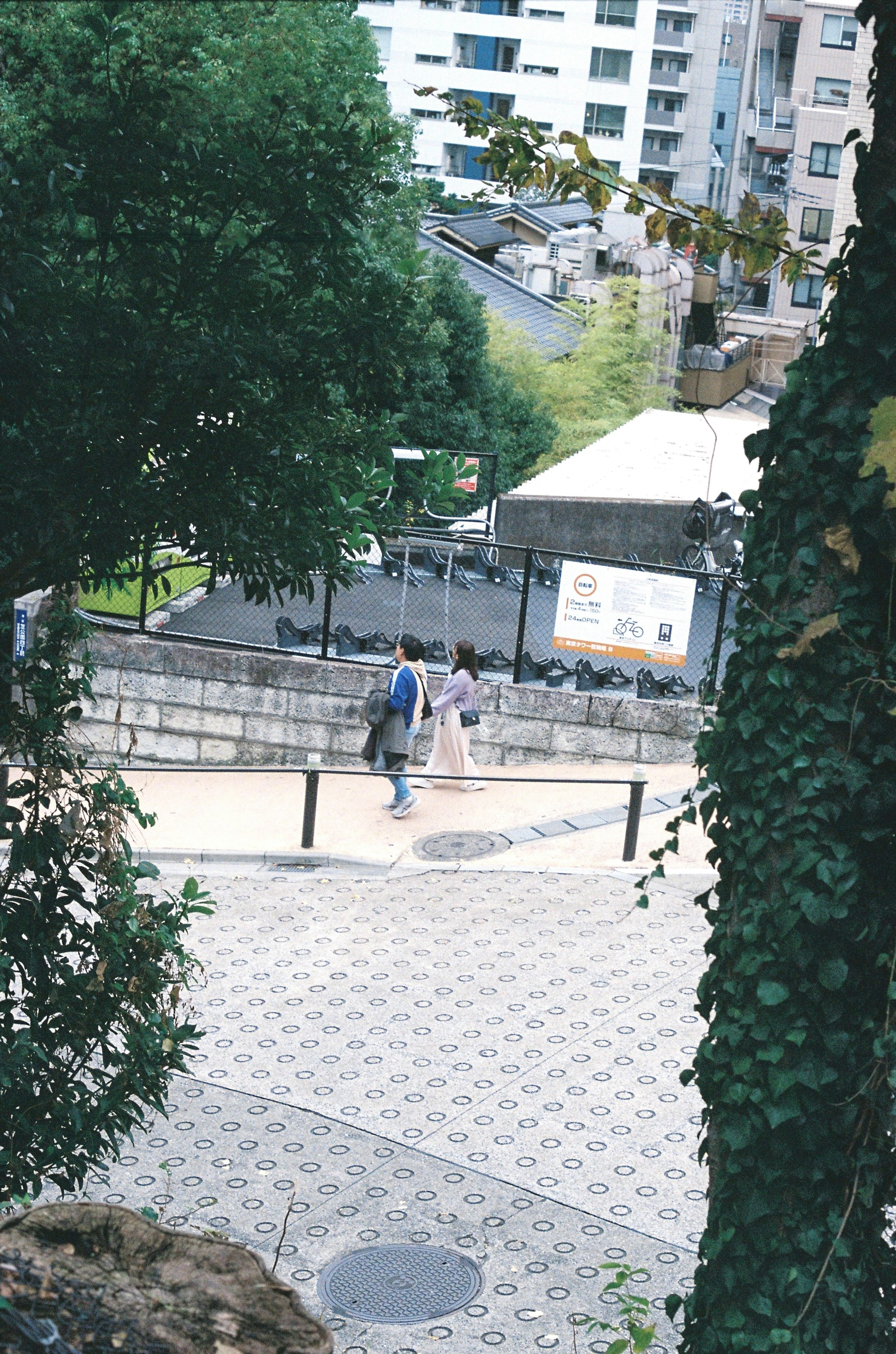 人々が歩いている都市の風景 近くの木々と建物が見える