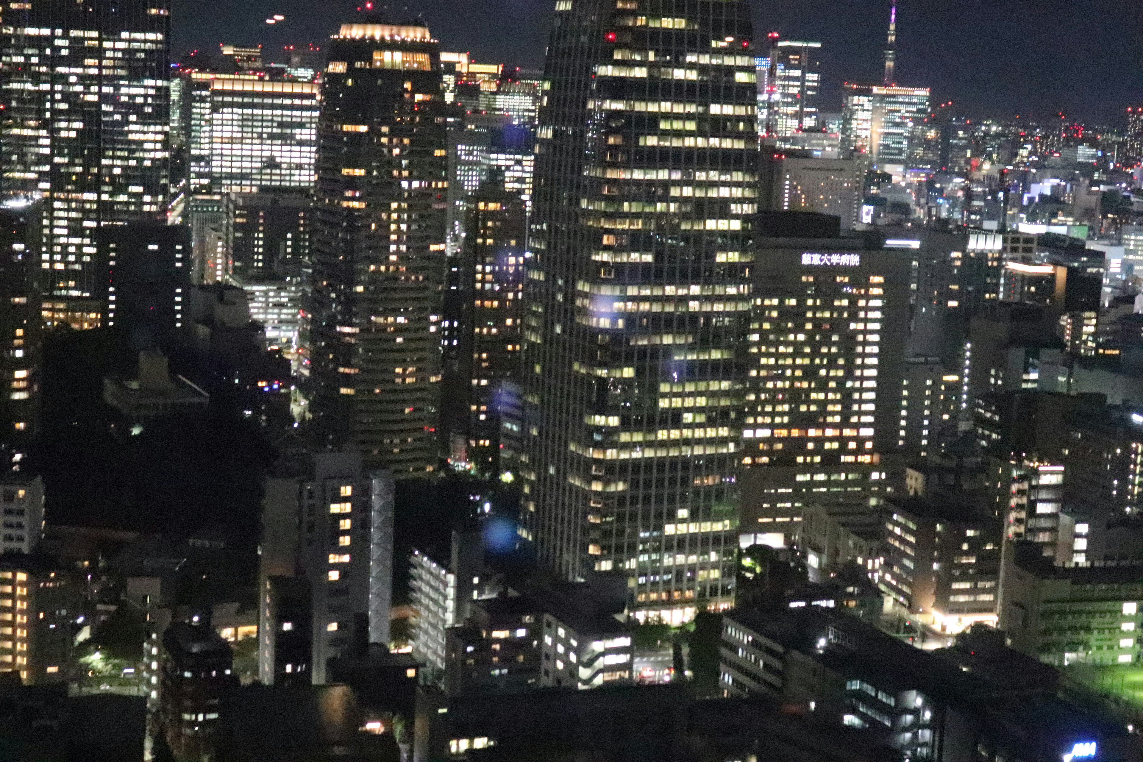 Nighttime cityscape of Tokyo with illuminated skyscrapers