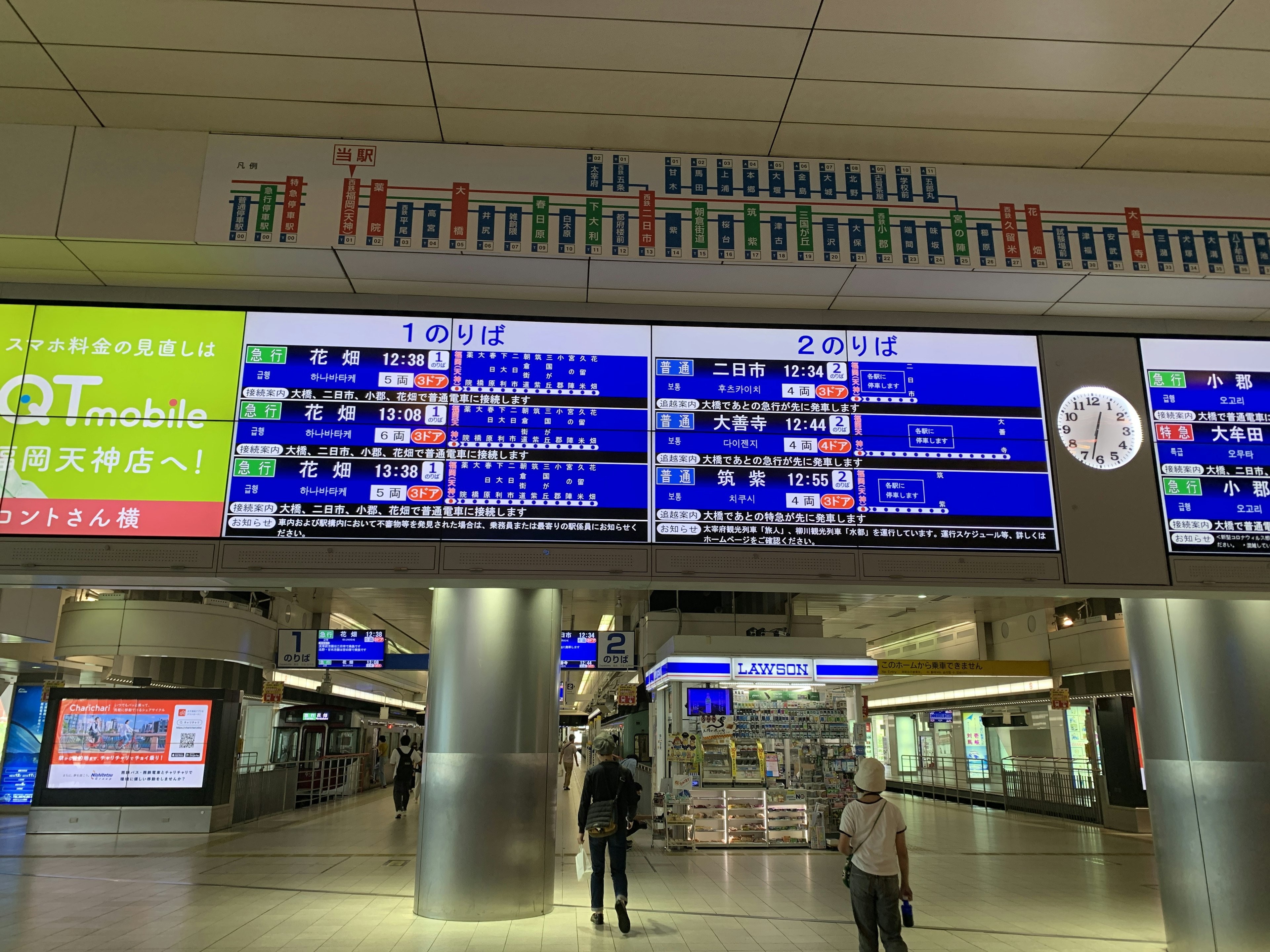 Train station information board with digital displays and people