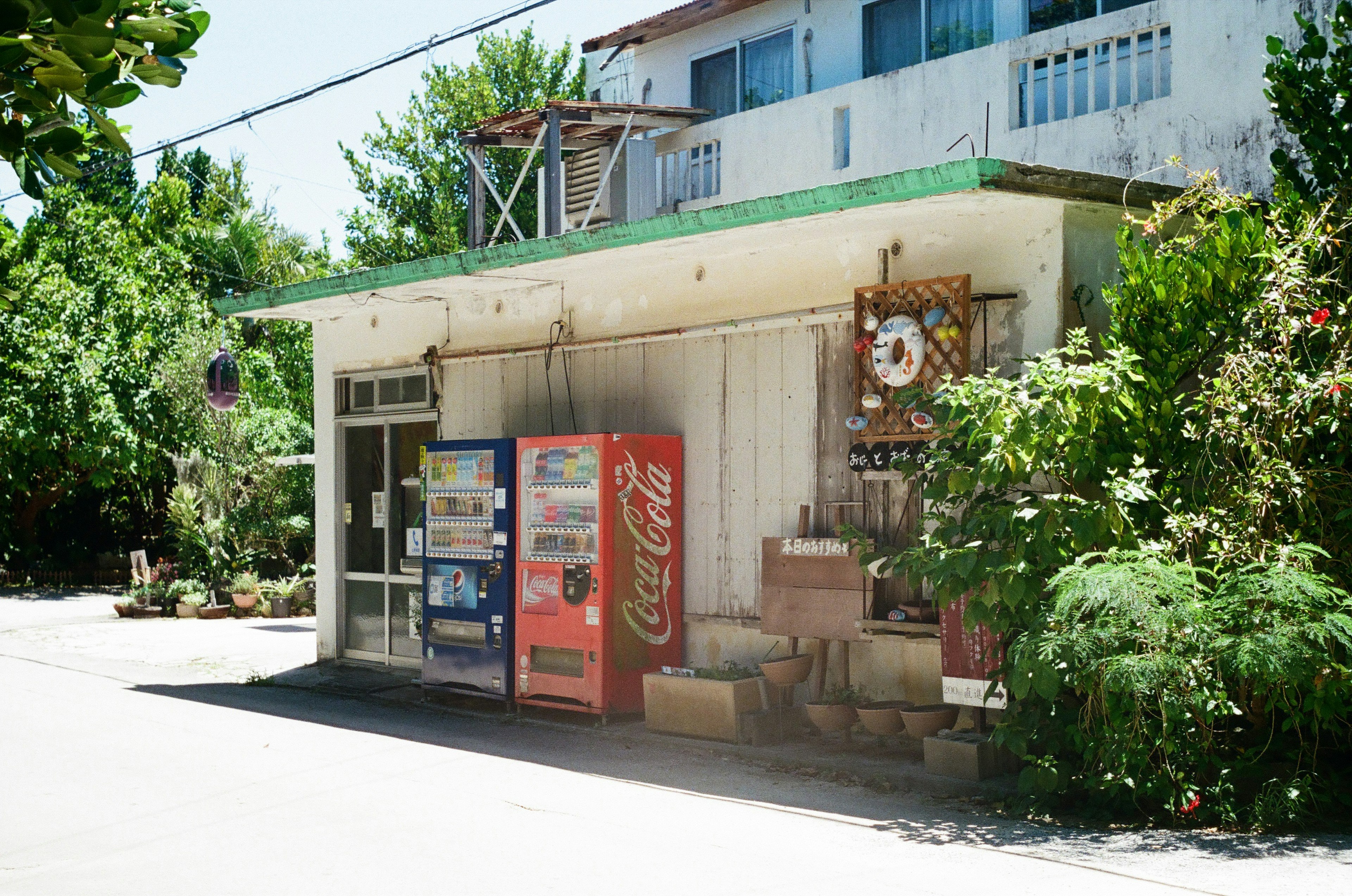 小さな自動販売機のある建物の外観 緑の屋根と周囲の植物