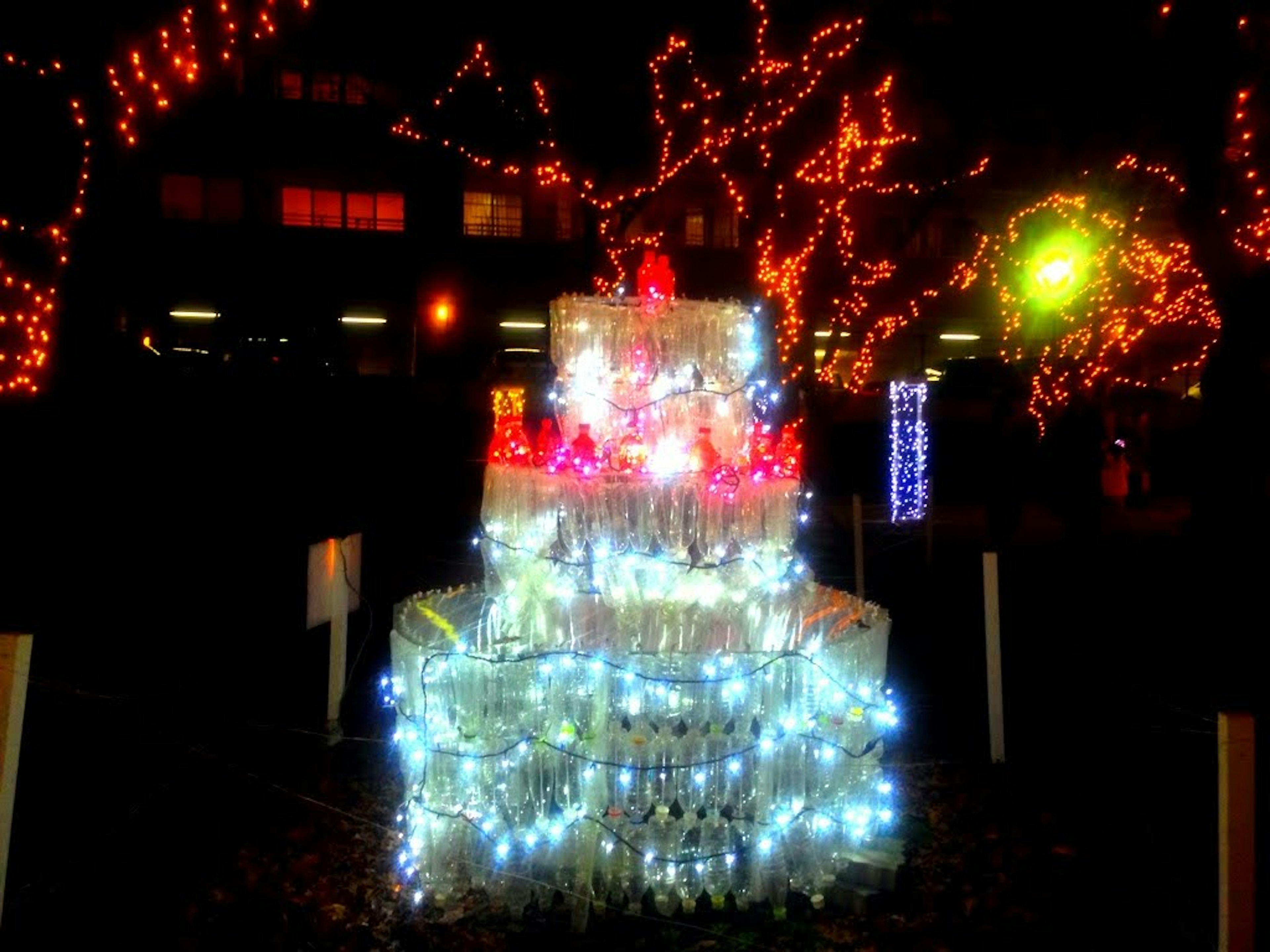 Albero di Natale illuminato di notte decorato con luci colorate