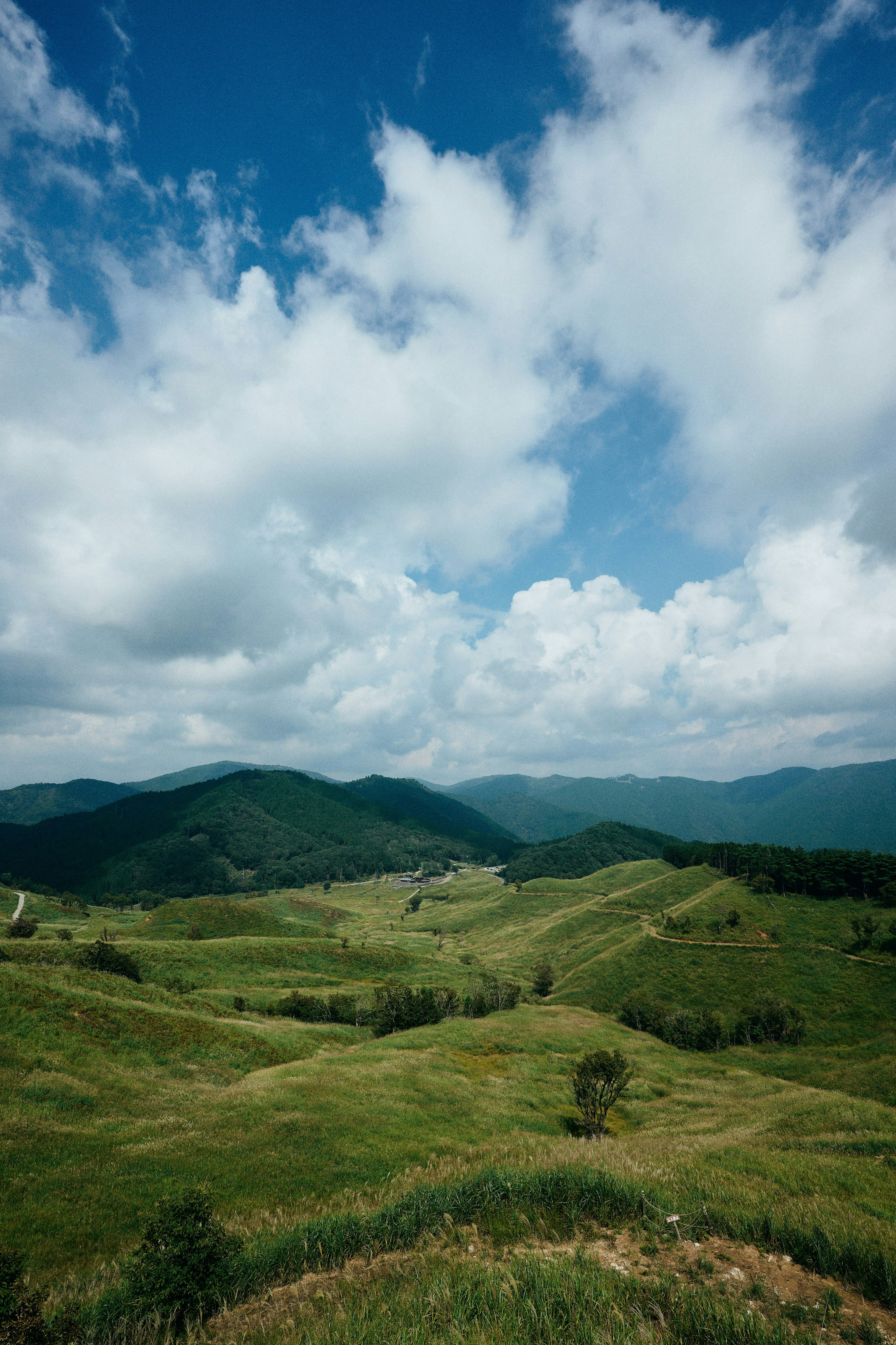 Landschaft mit grünen Hügeln unter einem blauen Himmel mit weißen Wolken