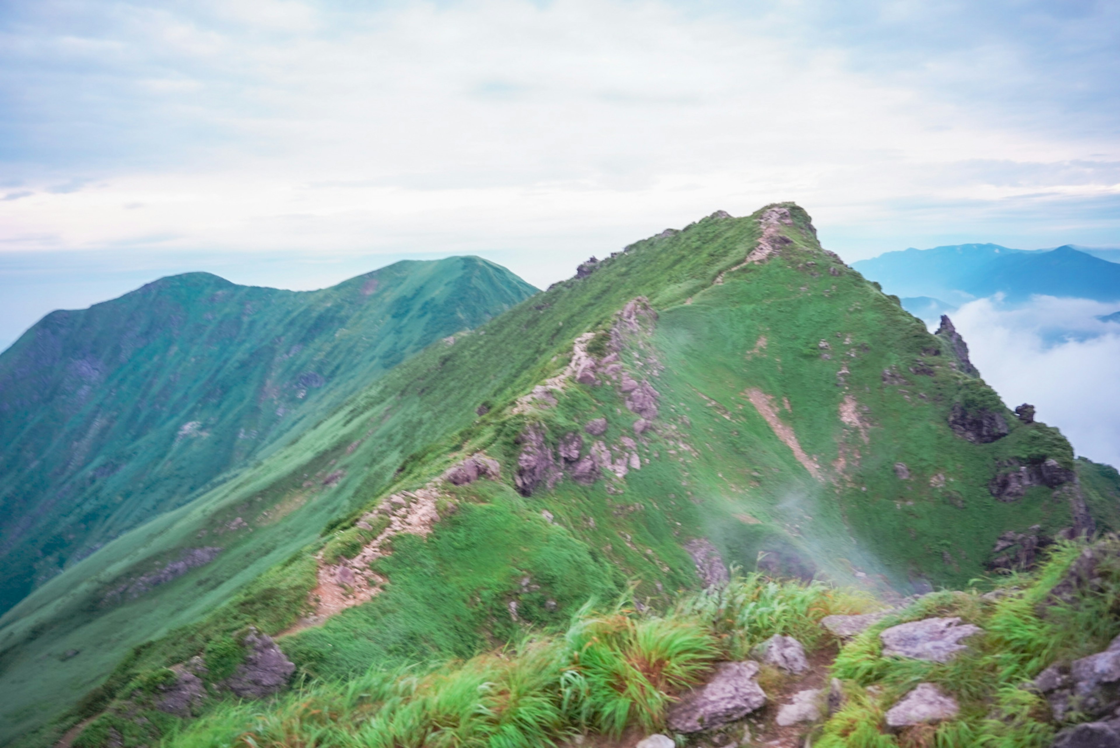 Üppige grüne Berglandschaft mit einer Wolkenmeer