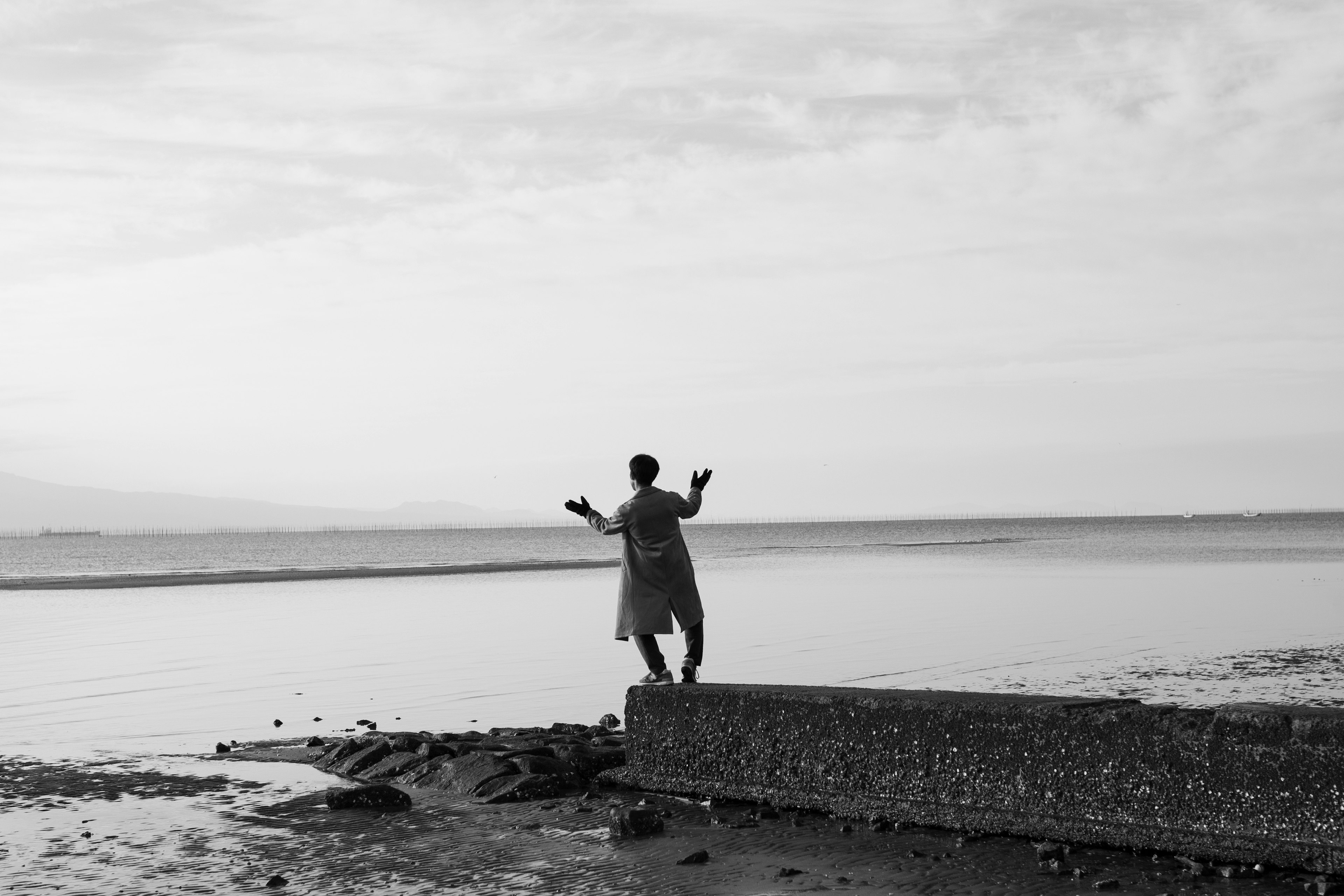 Eine Person, die am Ufer mit ausgebreiteten Armen in einer Schwarz-Weiß-Landschaft steht