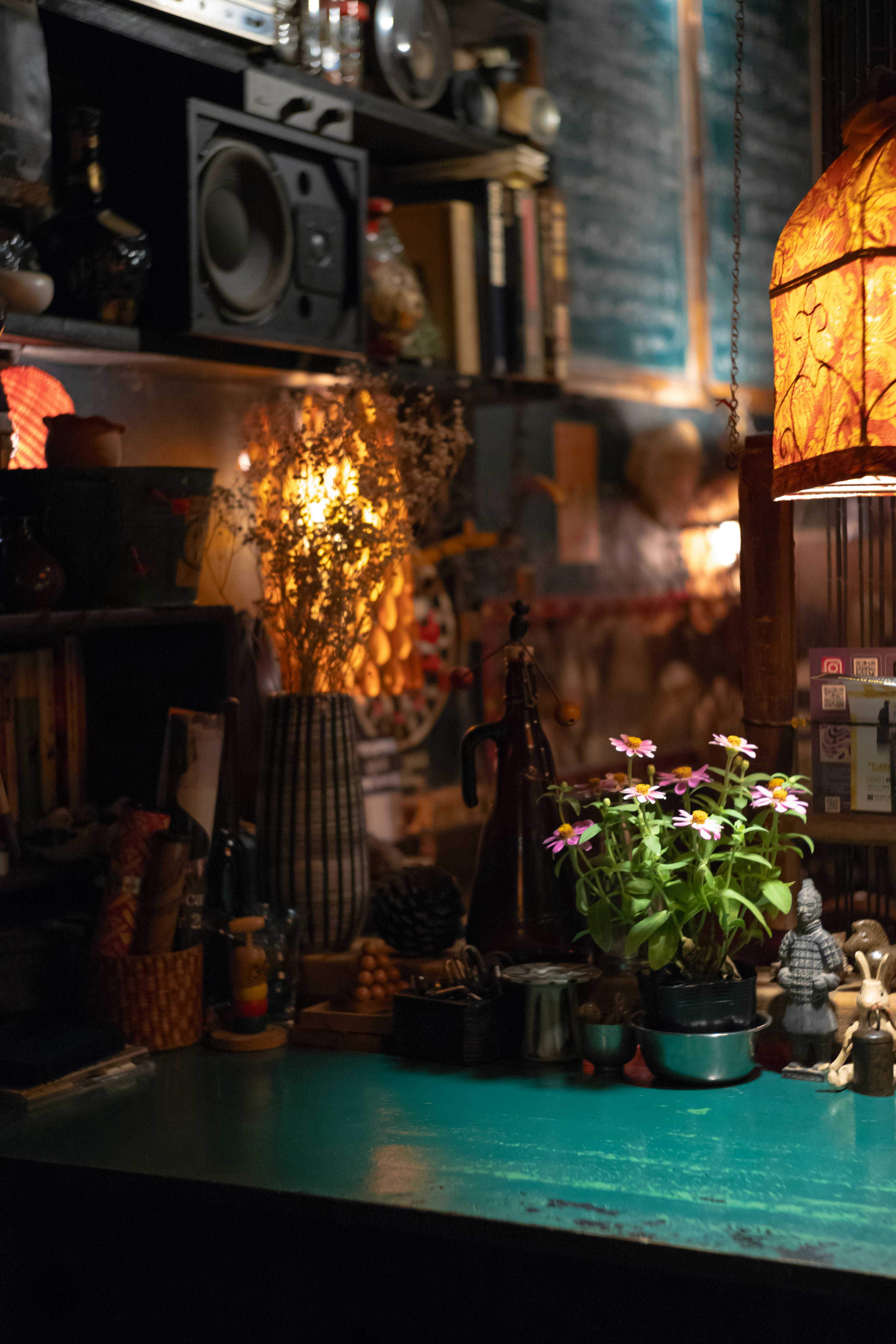 Una escena acogedora con una maceta de flores en una mesa rodeada de cálida iluminación y decoración ecléctica