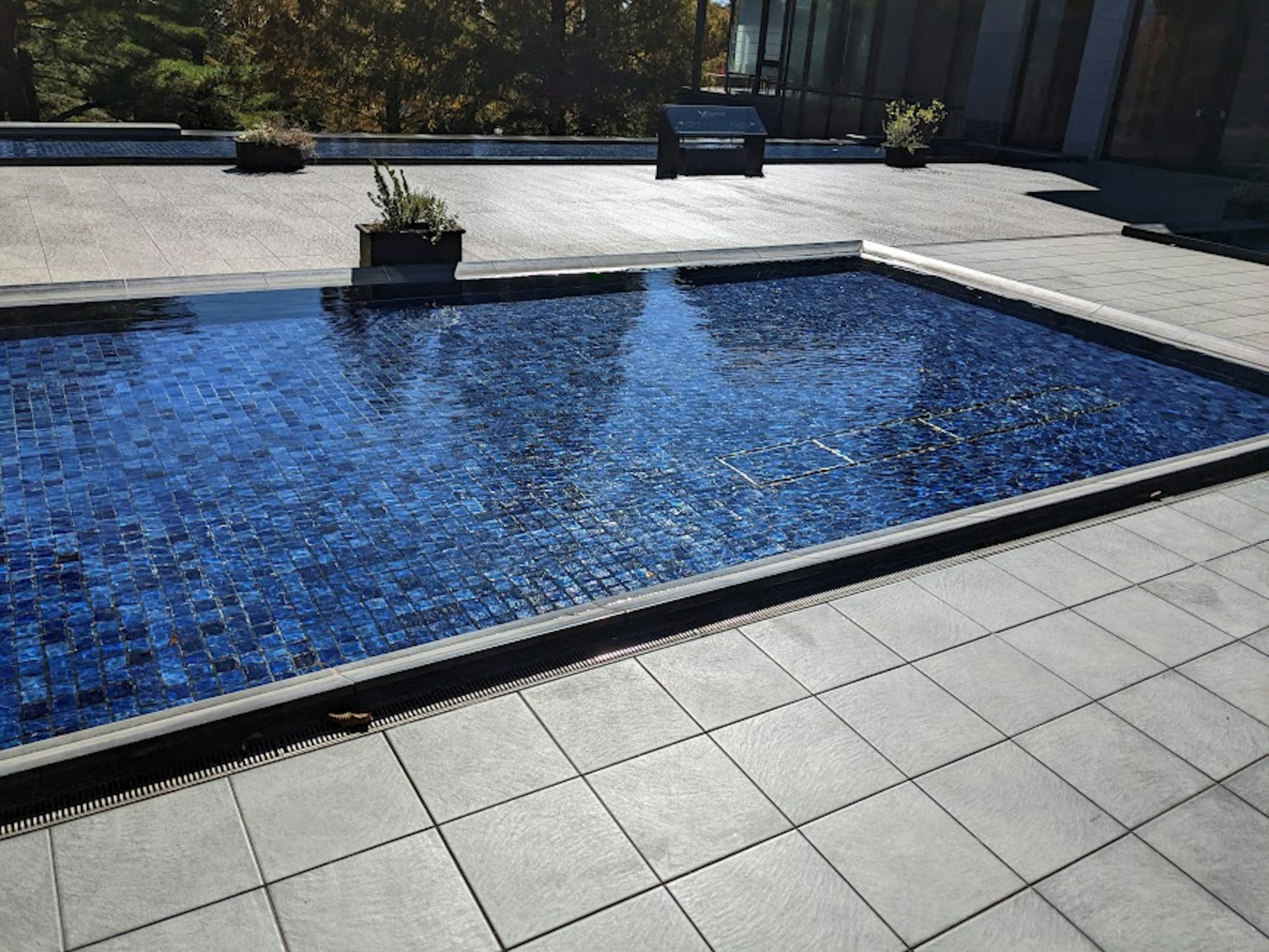 Piscine carrelée de bleu avec une grande terrasse